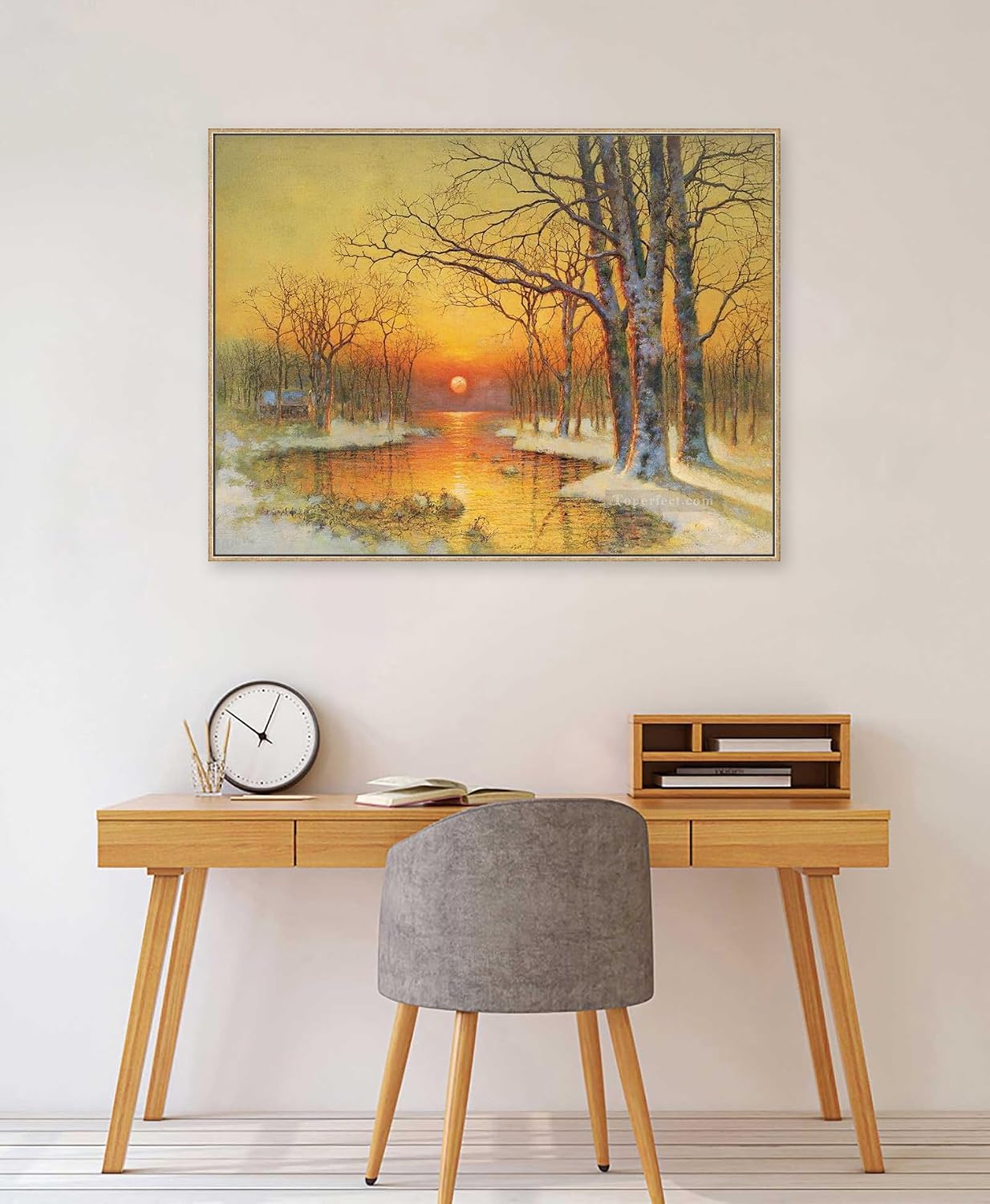 Toperfect 30 Original Landscape Paintings Winter Art Canvas, After Snow Wall Painting Nature, Trees by Water Room decor, Handmade Orange Warm Sunset Home Decorations by College Teachers 2
