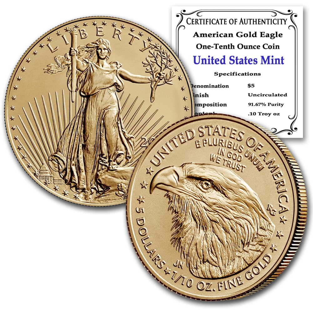 2024 ‎ 1/10 oz American Gold Eagle Coin Brilliant Uncirculated with a Certificate of Authenticity $5 Seller Mint State