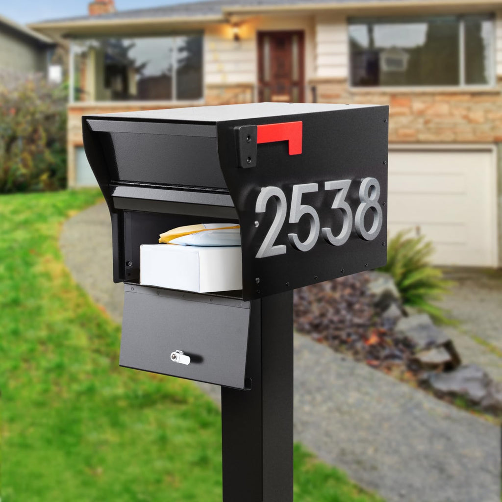 Whitehall MailVault Streetside Locking Mailbox with Standard Post and Personalizable Stand-Off Numbers – Steel, Secure Weather Resistant Modern Square Mailbox & Post (Black/Silver)