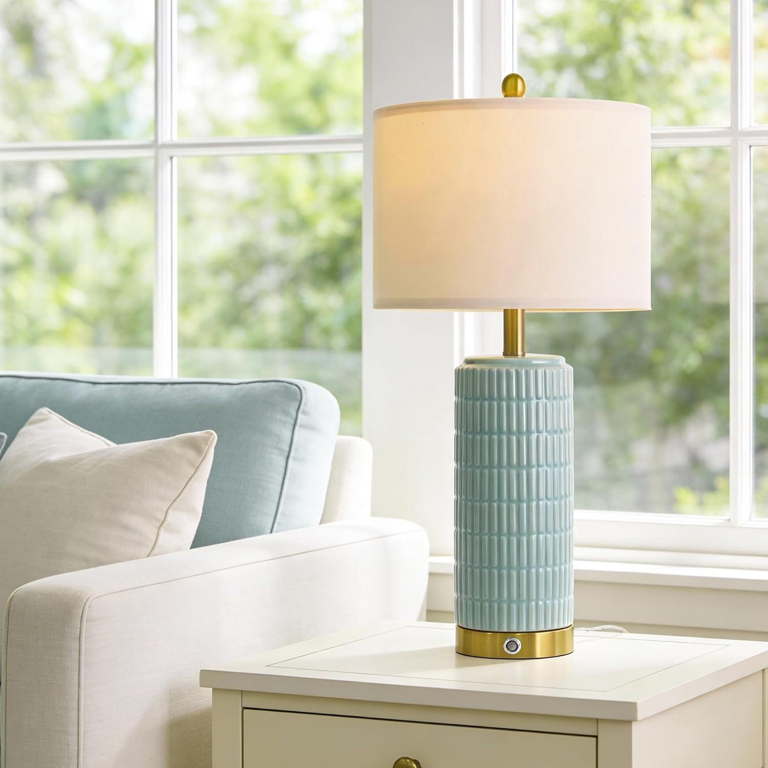PoKat 25'' Bedside Table Lamps Set of 2 for Living Room, 3-Way Dimmable Touch Lamps for Bedroom, Modern Lamps for Nightstand with USB Ports, Coastal Blue Lamp for Office Sideboard (Bulbs Included)