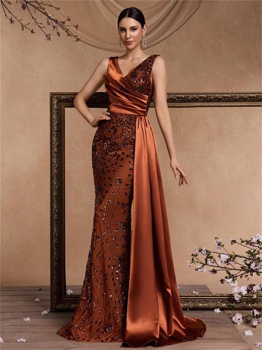 Women Elegant V-Neck Splice Sequins Sleeveless Formal Party Streamer Prom Cocktail Dress