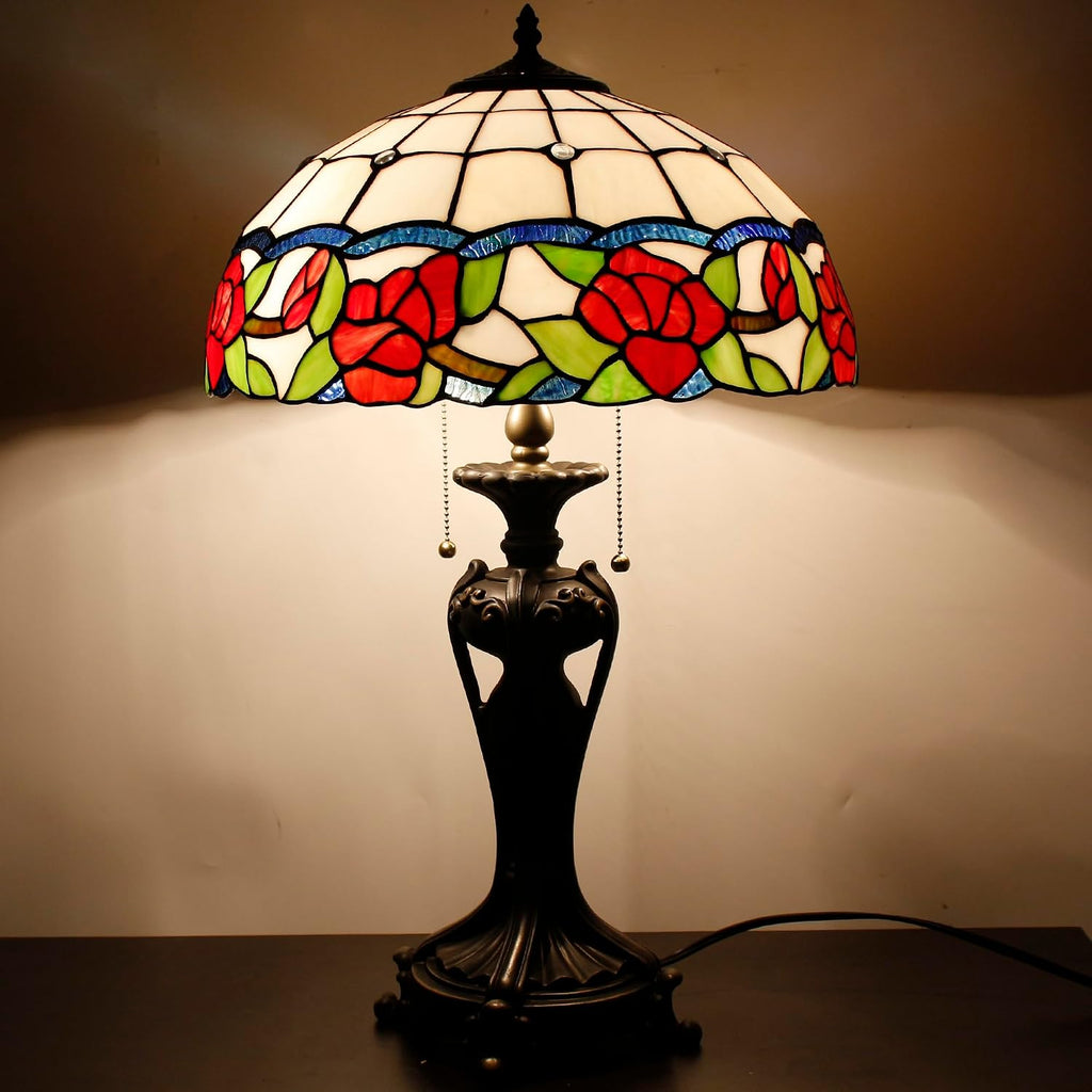 Tiffany Lamp(2 Lights) Stained Glass Table Lamp Bedside Desk Reading Light 16X16X24 Inch Decor Bedroom Living Room Home Office (Red Rose)
