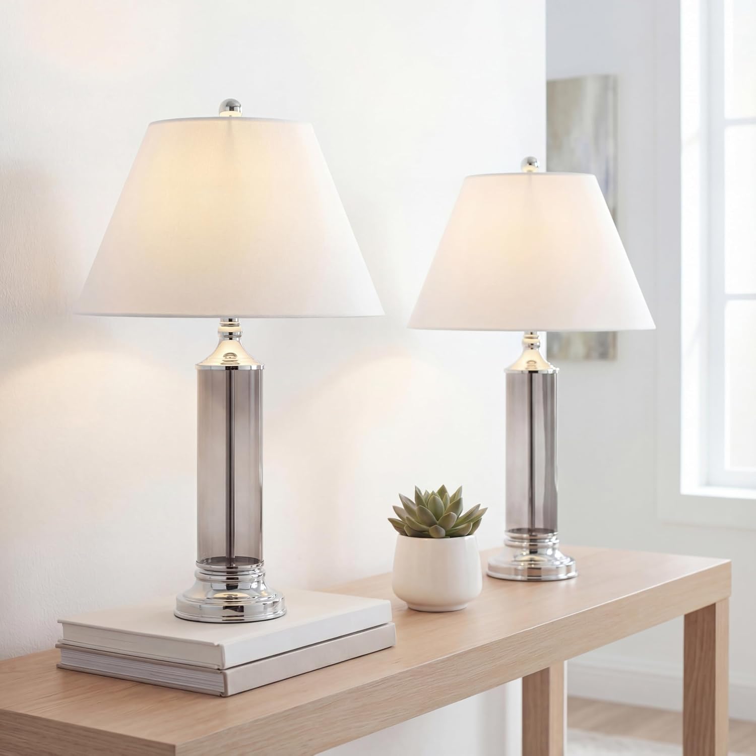 JONATHAN Y 29' Smoked Gray Glass LED Table Lamp Set of 2, Modern Bedside Nightstand Lamps for Living Room Bedroom Office, White Linen Shade, Transitional Decor (JYL4014B-SET2)