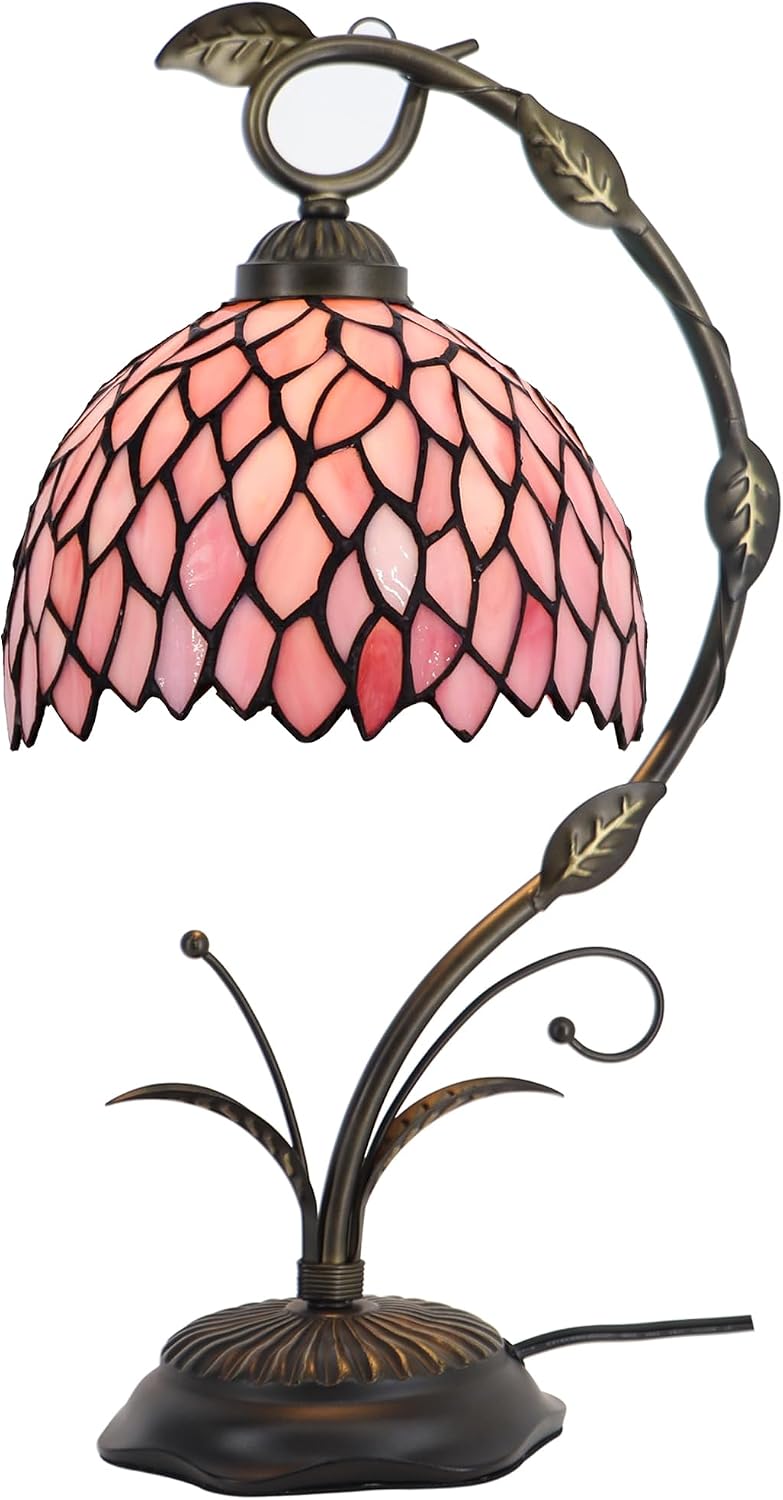 Tiffany Table Lamp, Stained Glass Desk Reading Light, 8X10X19 Inches, Metal Leaf Base (Pink Wisteria)