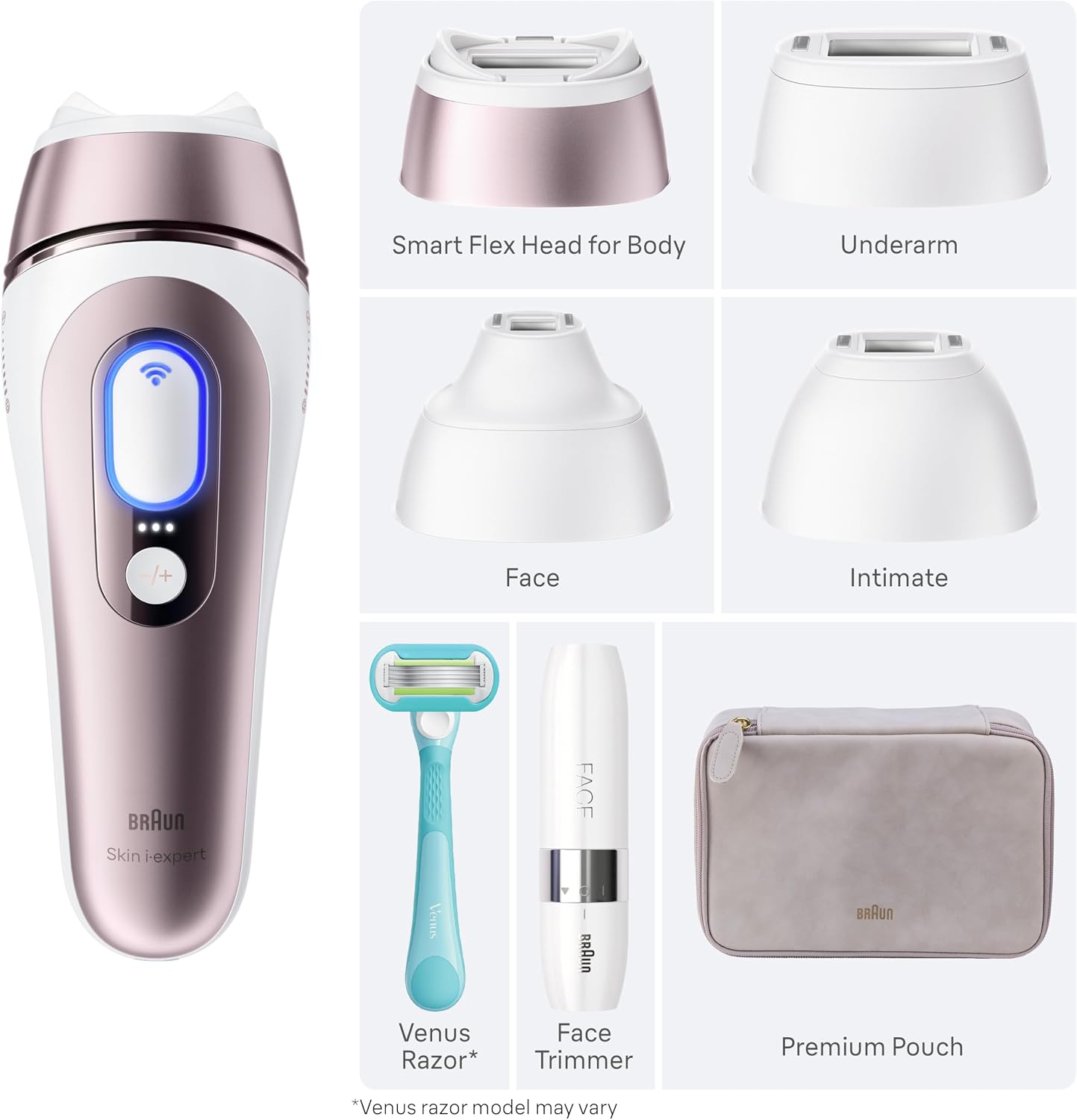 Braun Skin i-Expert Smart IPL PL7219 at Home Laser Hair Removal for Women and Men with App, Premium Pouch, Venus Razor, 2 Smart Heads, Facial Trimmer