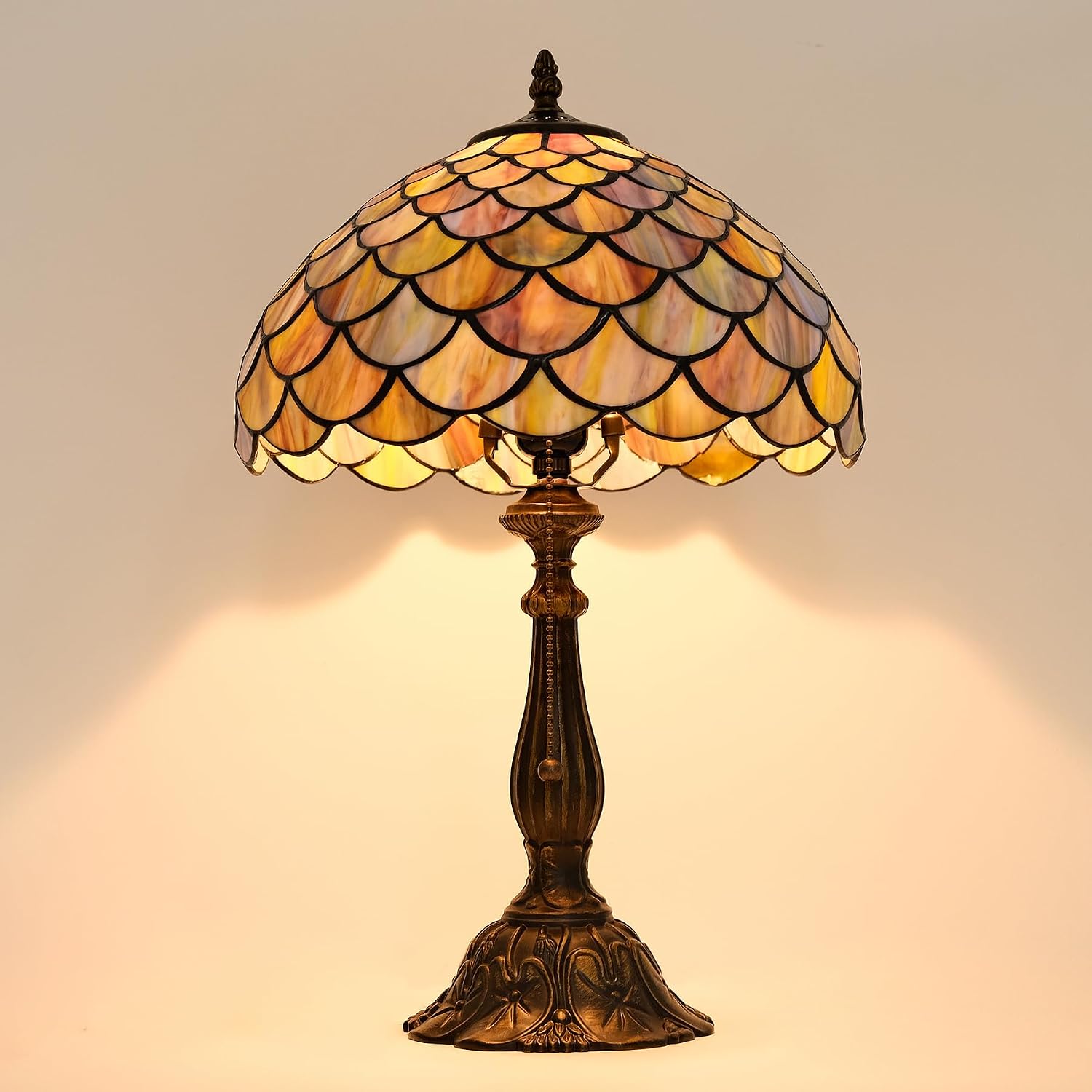 Tiffany Style Table Lamp Vintage Stained Glass Desk Lamp Mable Gradient Green Fish Scales Bedside Reading Light Decor Bedroom Living Room Home Office D12 xH18 (Green Fish Scales)