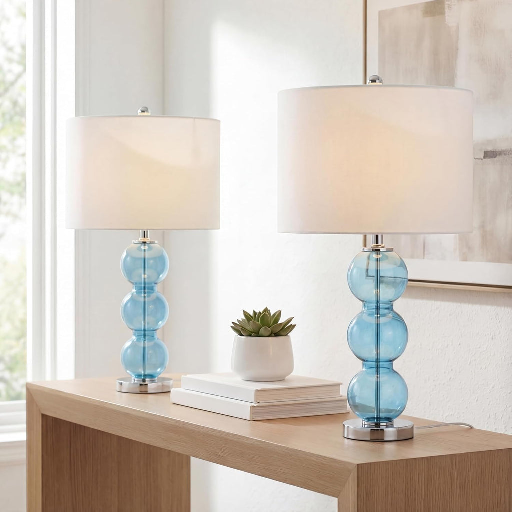 JONATHAN Y 27' Sky Blue/Chrome Triple-Sphere Glass Table Lamp Set of 2, Bedside, White Linen Shade, Modern Table Lamps for Living Room, Bedroom, Office, LED Bulbs Included (JYL1070C-SET2)