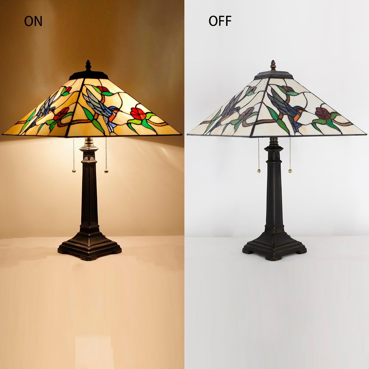 Tiffany Table Lamp Amber Hummingbird Mission Style Stained Glass 16X16X23 Inches Desk Reading Light for Bedrooms Living Room Study Home Office