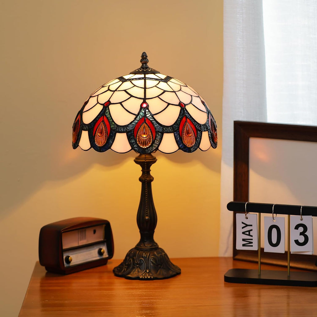 Tiffany Lamps Light Pink Peacock Tail Style Stained Glass Table Lamp Desk Bedside Reading Light 12X12X18.5 Inches with Bronze Resin Base Applicable to Bedroom Living Room Office