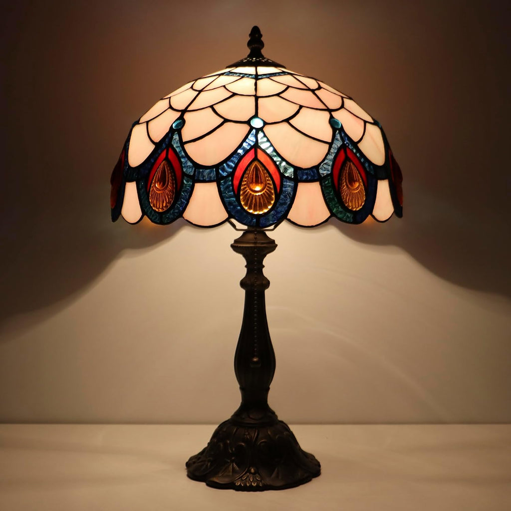 Tiffany Lamps Light Pink Peacock Tail Style Stained Glass Table Lamp Desk Bedside Reading Light 12X12X18.5 Inches with Bronze Resin Base Applicable to Bedroom Living Room Office