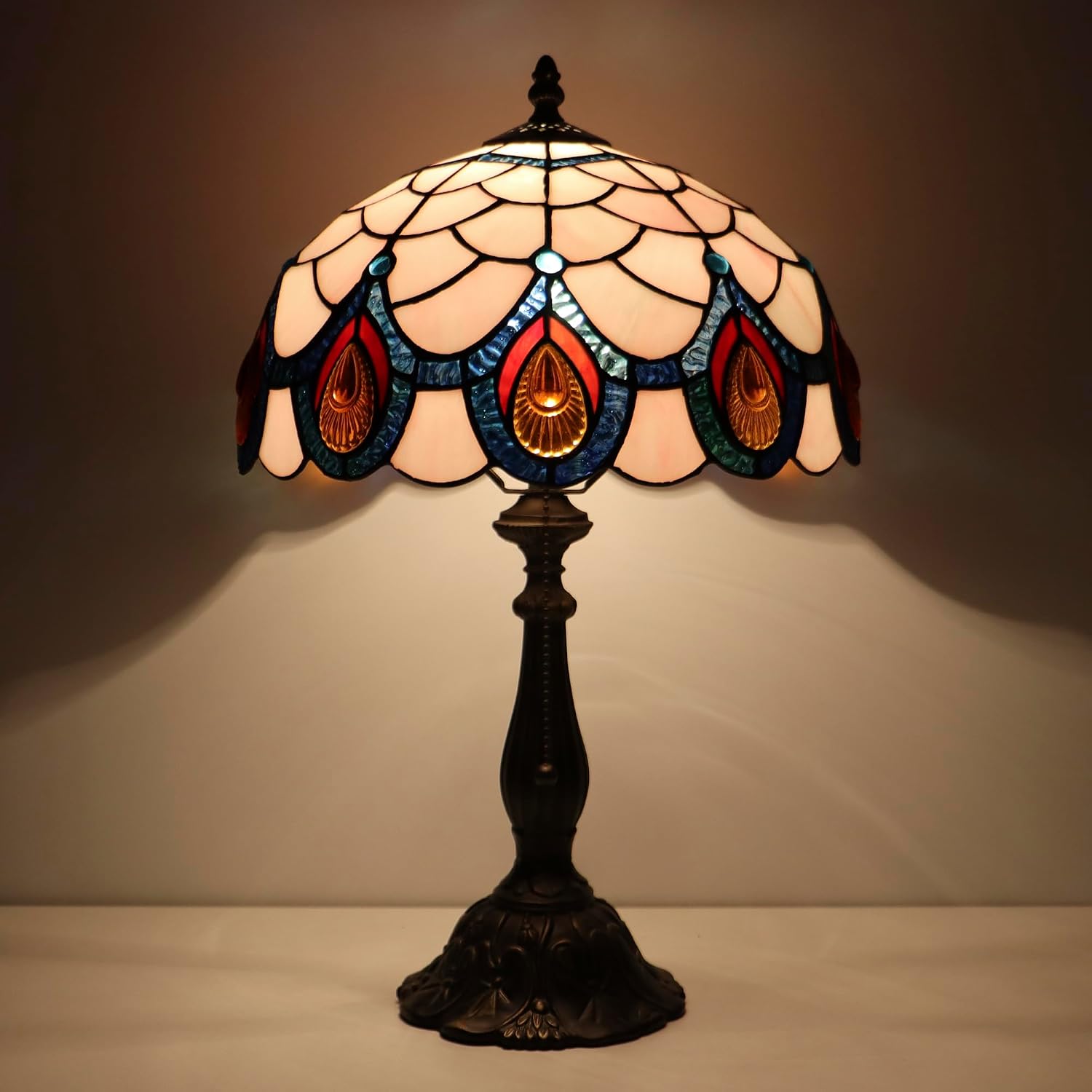 Tiffany Lamps Light Pink Peacock Tail Style Stained Glass Table Lamp Desk Bedside Reading Light 12X12X18.5 Inches with Bronze Resin Base Applicable to Bedroom Living Room Office