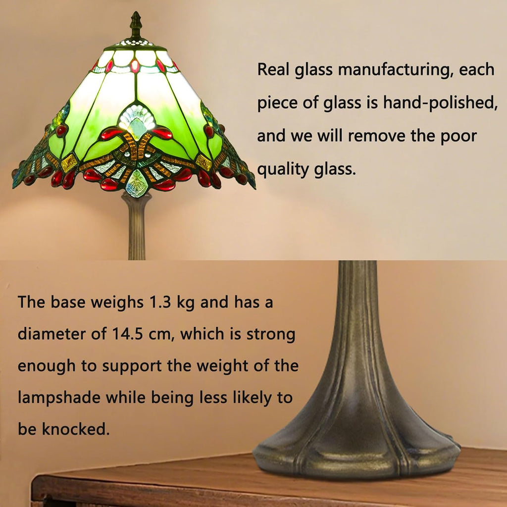 12 Inch Baroque Style Tiffany Table Lamp, Vintage Stained Glass Desk Lamp with Remote Control, 3 Color Temperature & Brightness Level for Office Home Bedroom Living (Green)