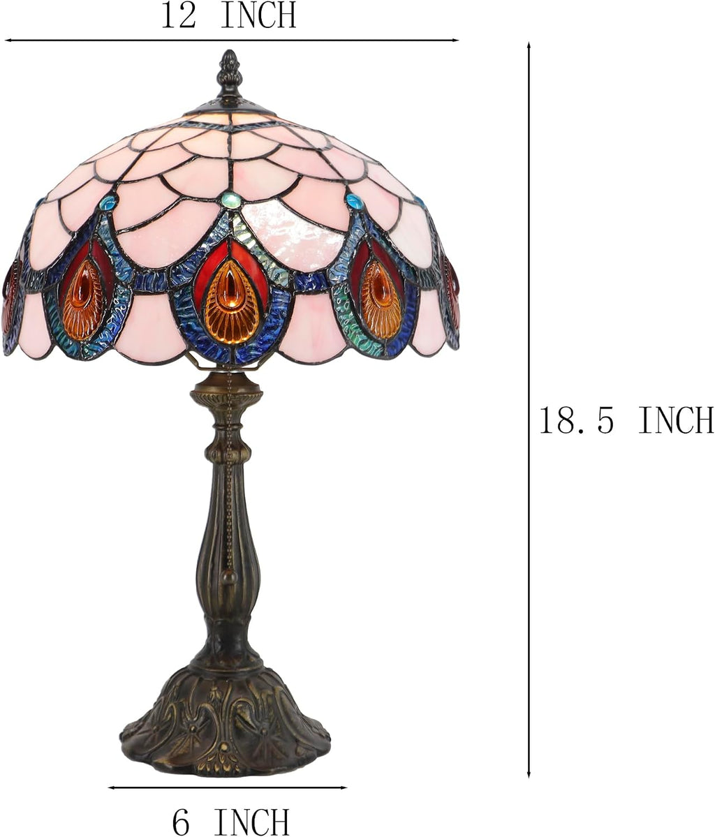 Tiffany Lamps Light Pink Peacock Tail Style Stained Glass Table Lamp Desk Bedside Reading Light 12X12X18.5 Inches with Bronze Resin Base Applicable to Bedroom Living Room Office