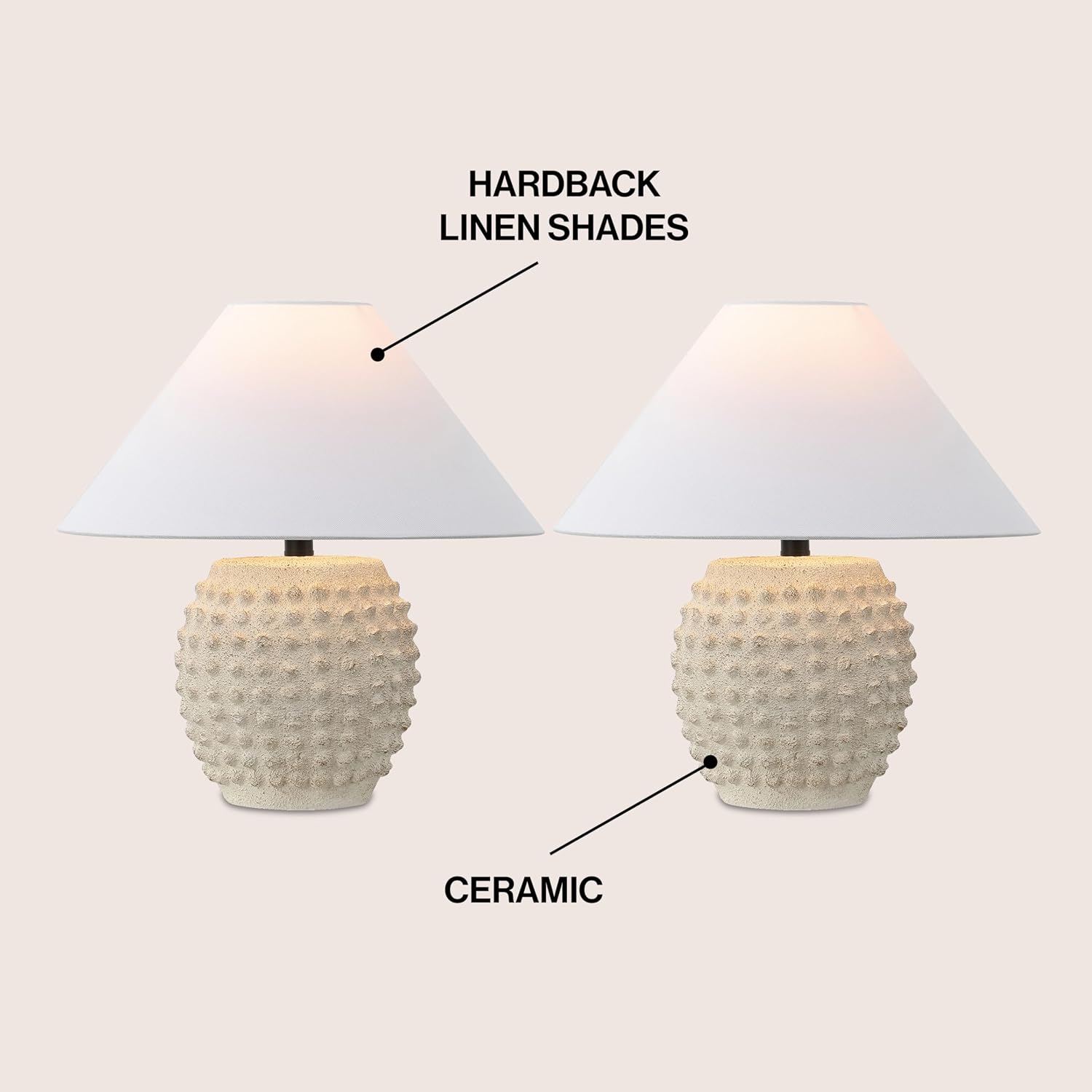 JONATHAN Y 18.25' Matte Cream Ceramic Hobnail Table Lamp Set of 2 for Bedroom, Modern Minimalist Farmhouse Bedside Nightstand Lamps, White Linen Shade, LED Bulbs Included (JYL5601B-SET2)
