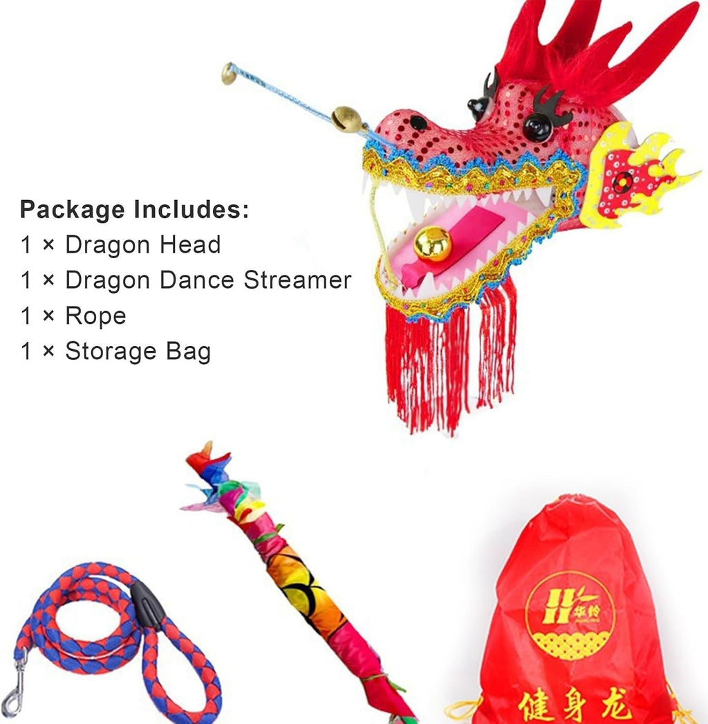 OVARIA Dragon Dance Fitness Ribbon 3D Dragon Head and Swing Rope Combo Chinese Wulong Flowy Ribbon Streamer Outdoor Fitness Dragon Stage Prop Set(Red,33ft)