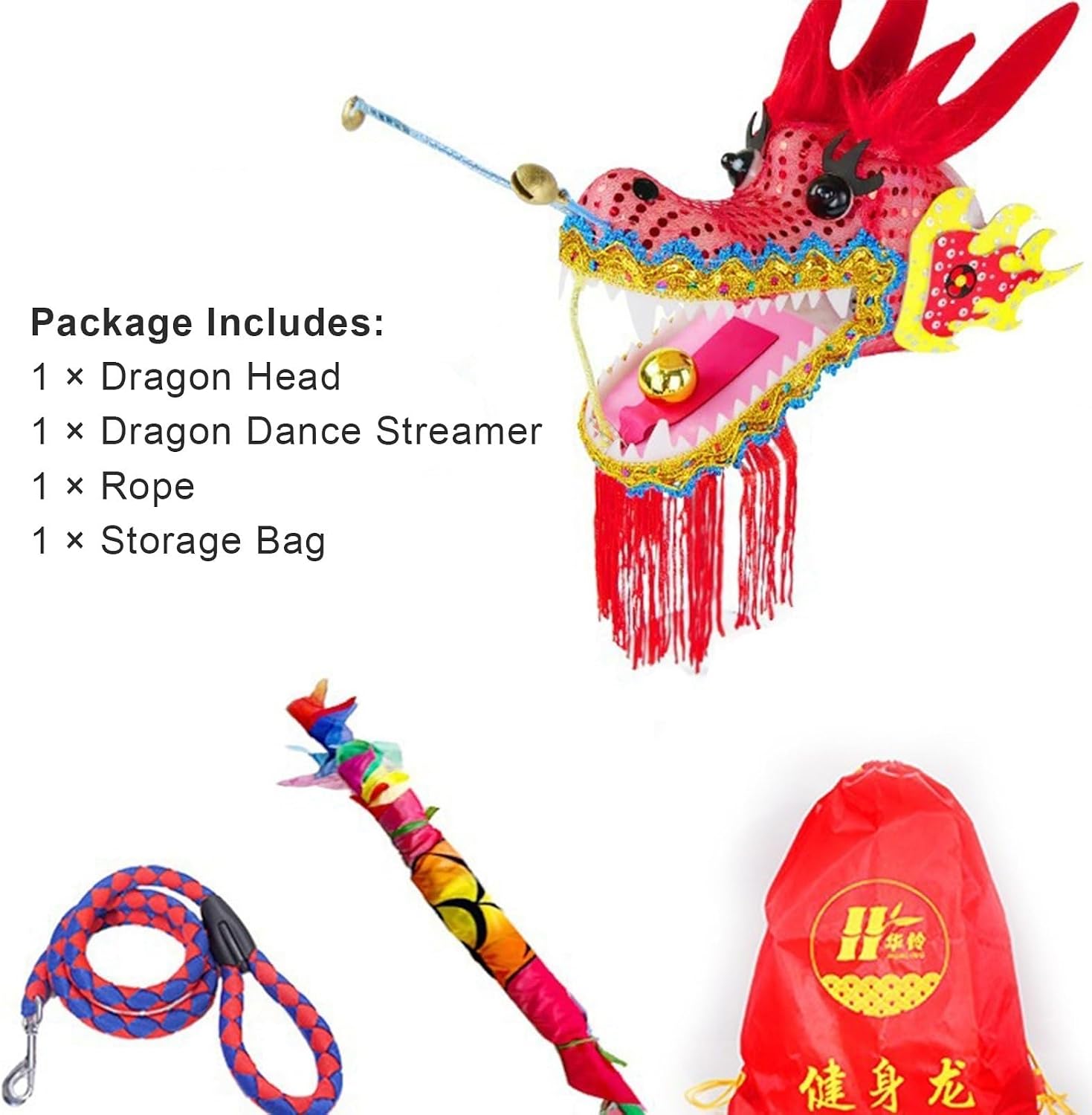 OVARIA Dragon Dance Fitness Ribbon 3D Dragon Head and Swing Rope Combo Chinese Wulong Flowy Ribbon Streamer Outdoor Fitness Dragon Stage Prop Set(Red,33ft)