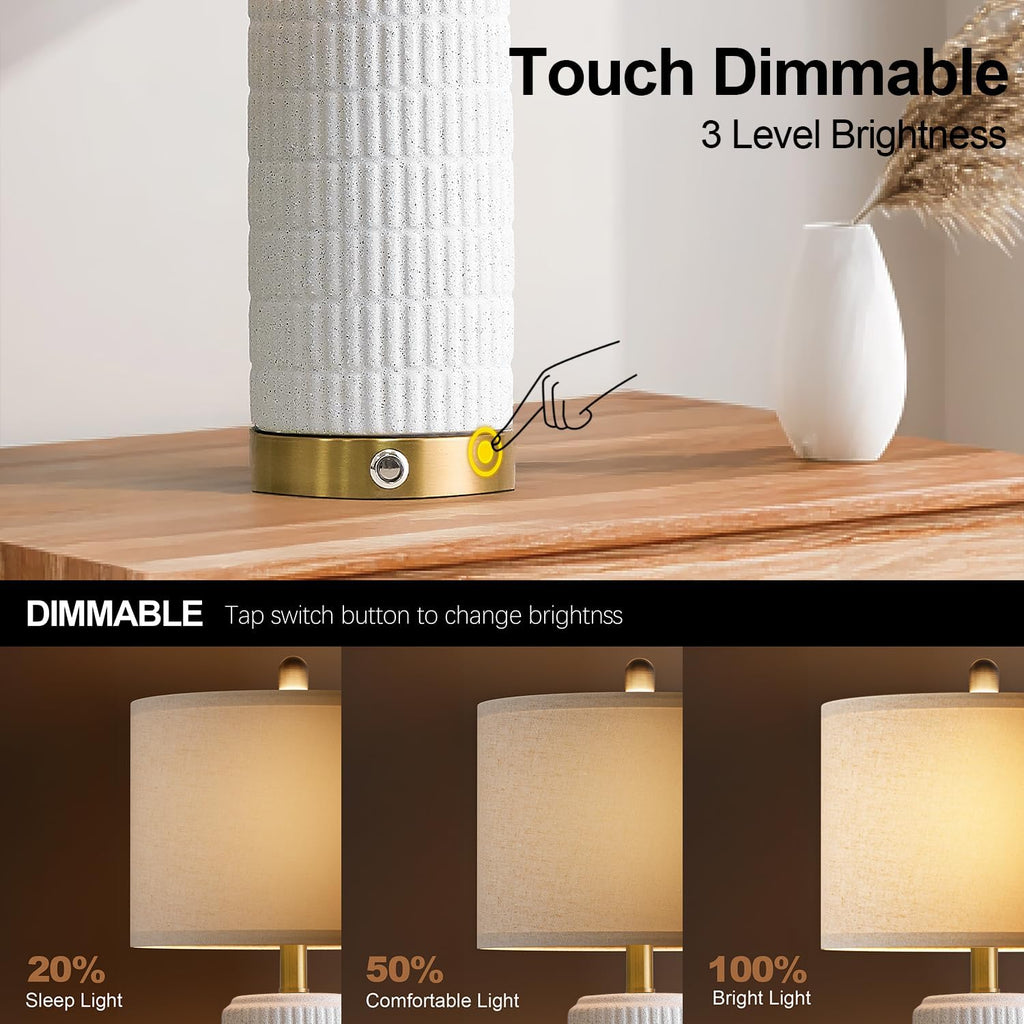 PoKat Stone-Like Ceramic Table Lamps with USB Ports for Bedroom, 25'' Matte-White Dimmable Nightstand Touch Lamps for Night Stands with Gold Base, Farmhouse Lamps for Living Room End Side Table