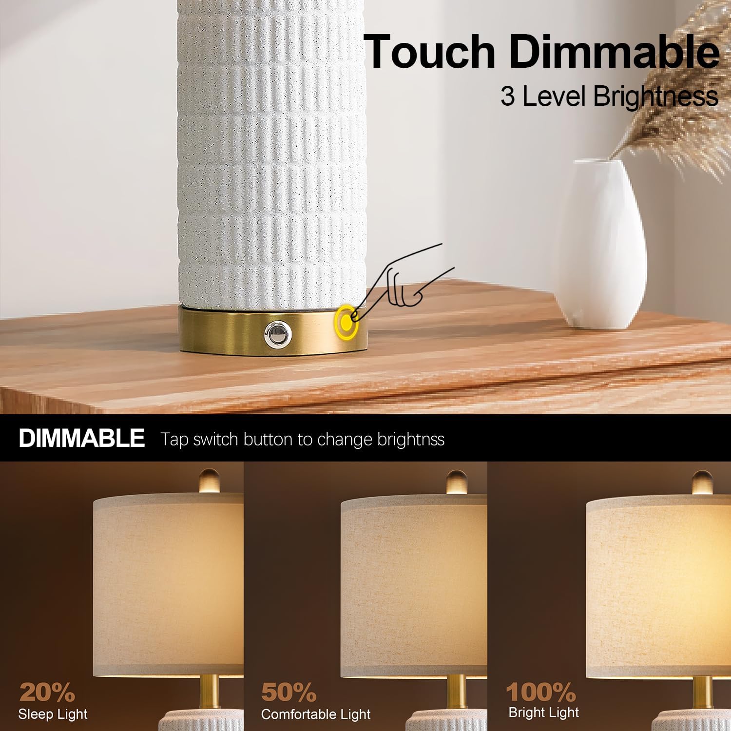 PoKat Stone-Like Ceramic Table Lamps with USB Ports for Bedroom, 25'' Matte-White Dimmable Nightstand Touch Lamps for Night Stands with Gold Base, Farmhouse Lamps for Living Room End Side Table