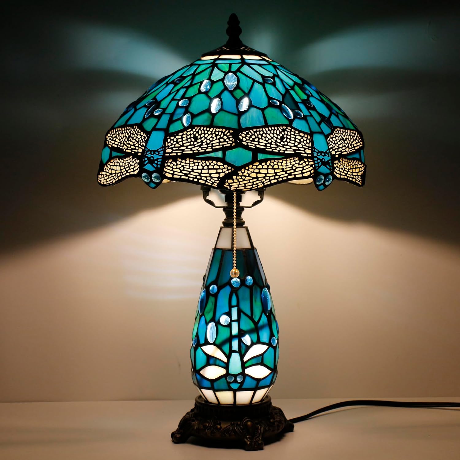 Tiffany Lamp Stained Glass Table Lamp 12X19 Inches Mother Daughter Vase Desk Accent Night Light for Bedroom Bedside Reading Home Antique Style (Green Dragonfly)