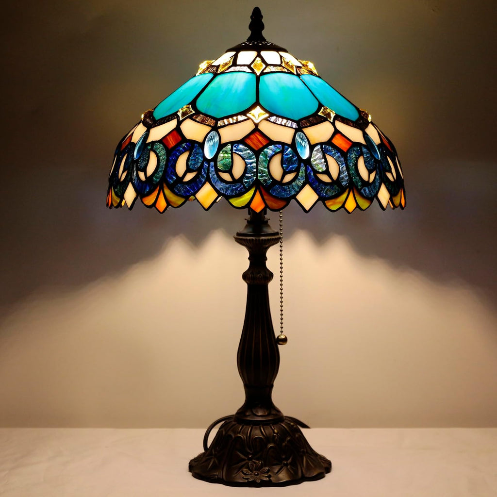 Tiffany Table Lamp Stained Glass Lamp 12X12X19 Inch Antique Reading Light (Blue Jewelry Baroque)