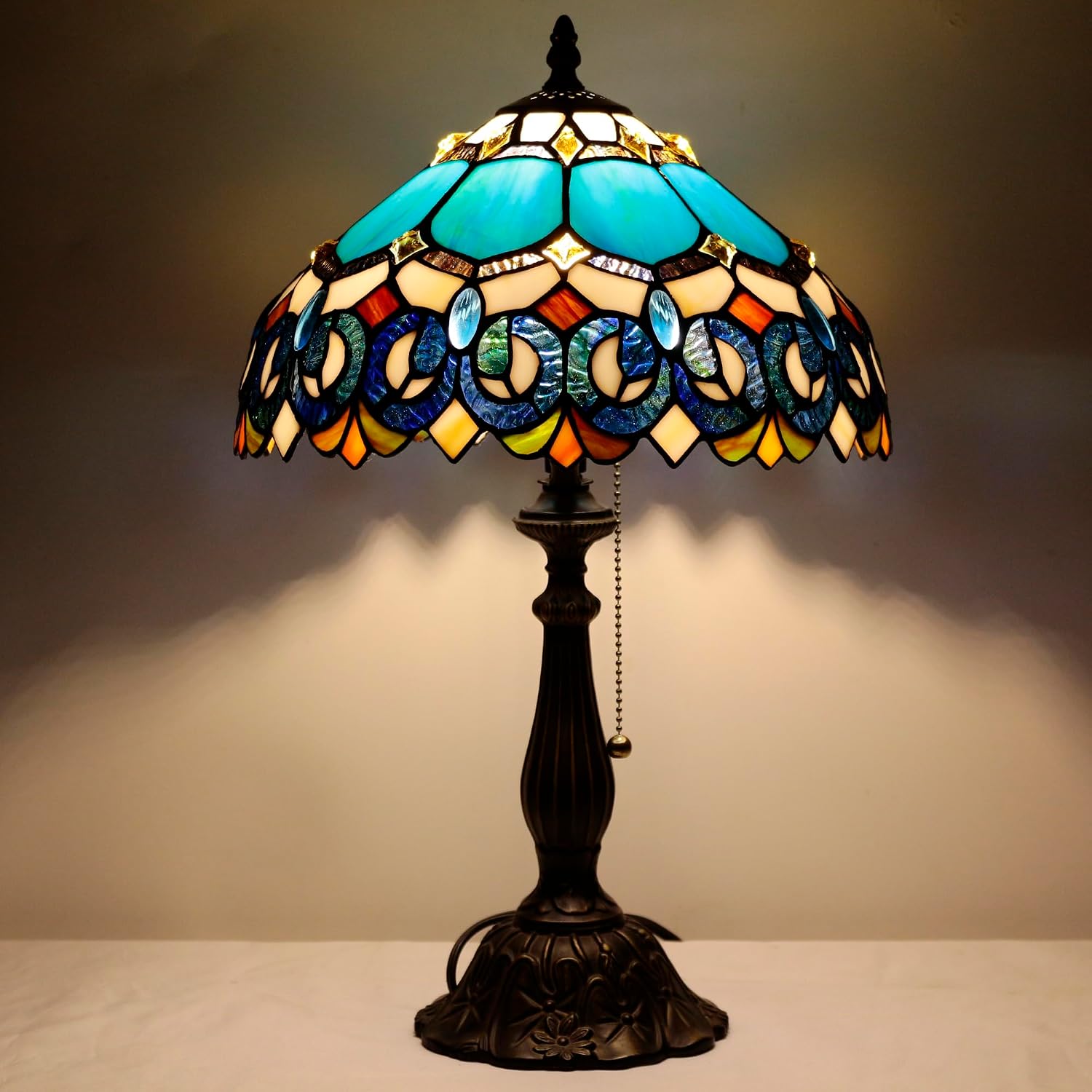 Tiffany Table Lamp Stained Glass Lamp 12X12X19 Inch Antique Reading Light (Blue Jewelry Baroque)