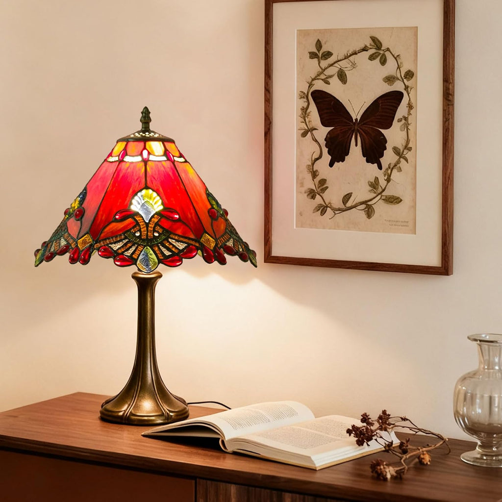 12 Inch Baroque Style Tiffany Table Lamp, Vintage Stained Glass Desk Lamp with Remote Control, 3 Color Temperature & Brightness Level for Office Home Bedroom Living (Red)