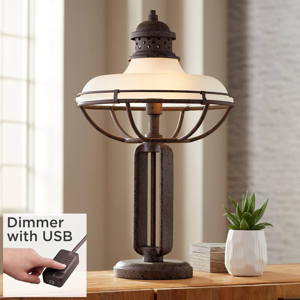 Franklin Iron Works Rustic Industrial 3-Way Table Lamp 26 1/2' High with USB Dimmer Rust Bronze Metal Cage Haft Dome Glass Shade for Bedroom Living Room House Home Desk Bedside Nightstand Office