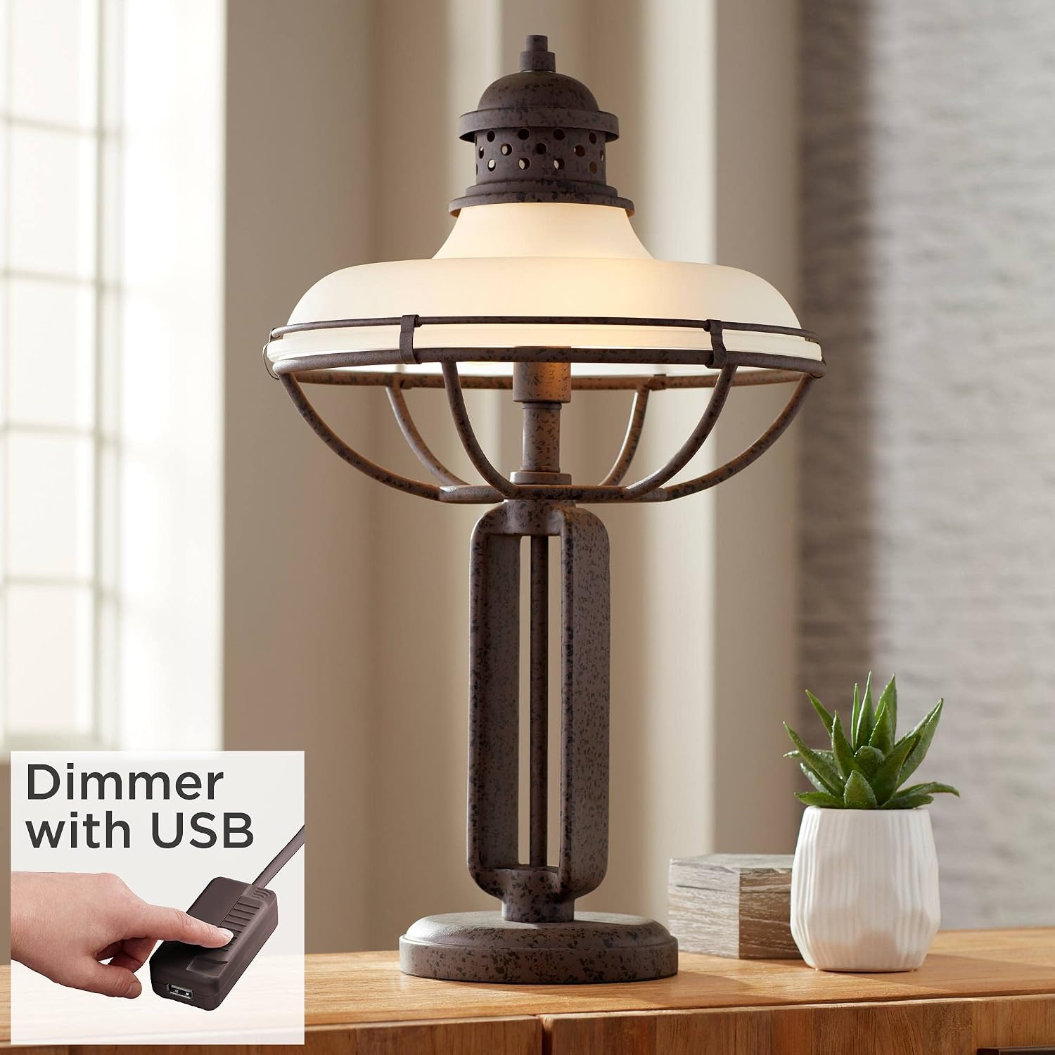 Franklin Iron Works Rustic Industrial 3-Way Table Lamp 26 1/2' High with USB Dimmer Rust Bronze Metal Cage Haft Dome Glass Shade for Bedroom Living Room House Home Desk Bedside Nightstand Office