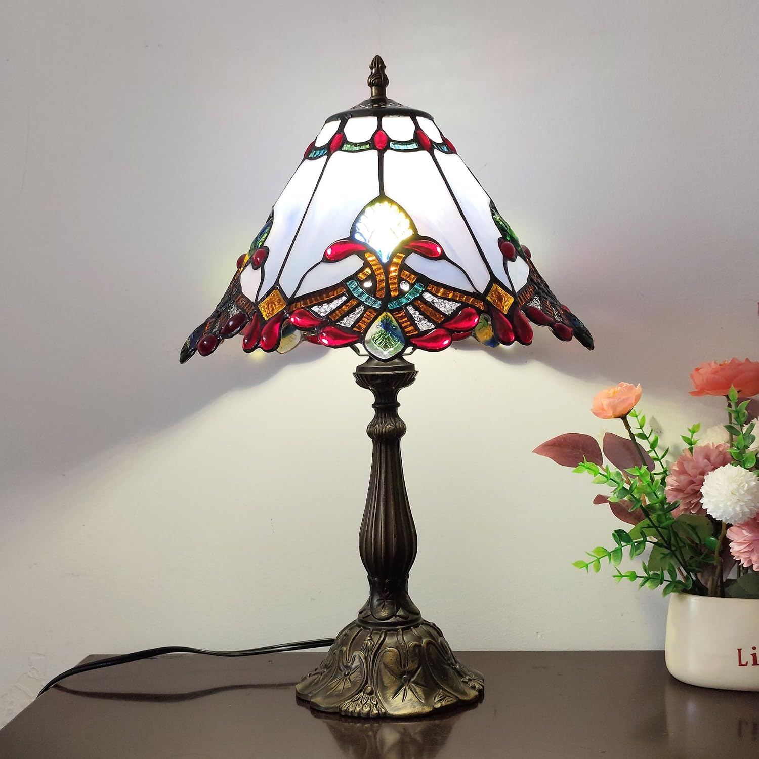 Tiffany Table Lamp Purple Baroque Style Stained Glass Lamp 12X12X19 Inch Antique Lamp for Office Home Bedroom Living Include 3-Color LED Bulb