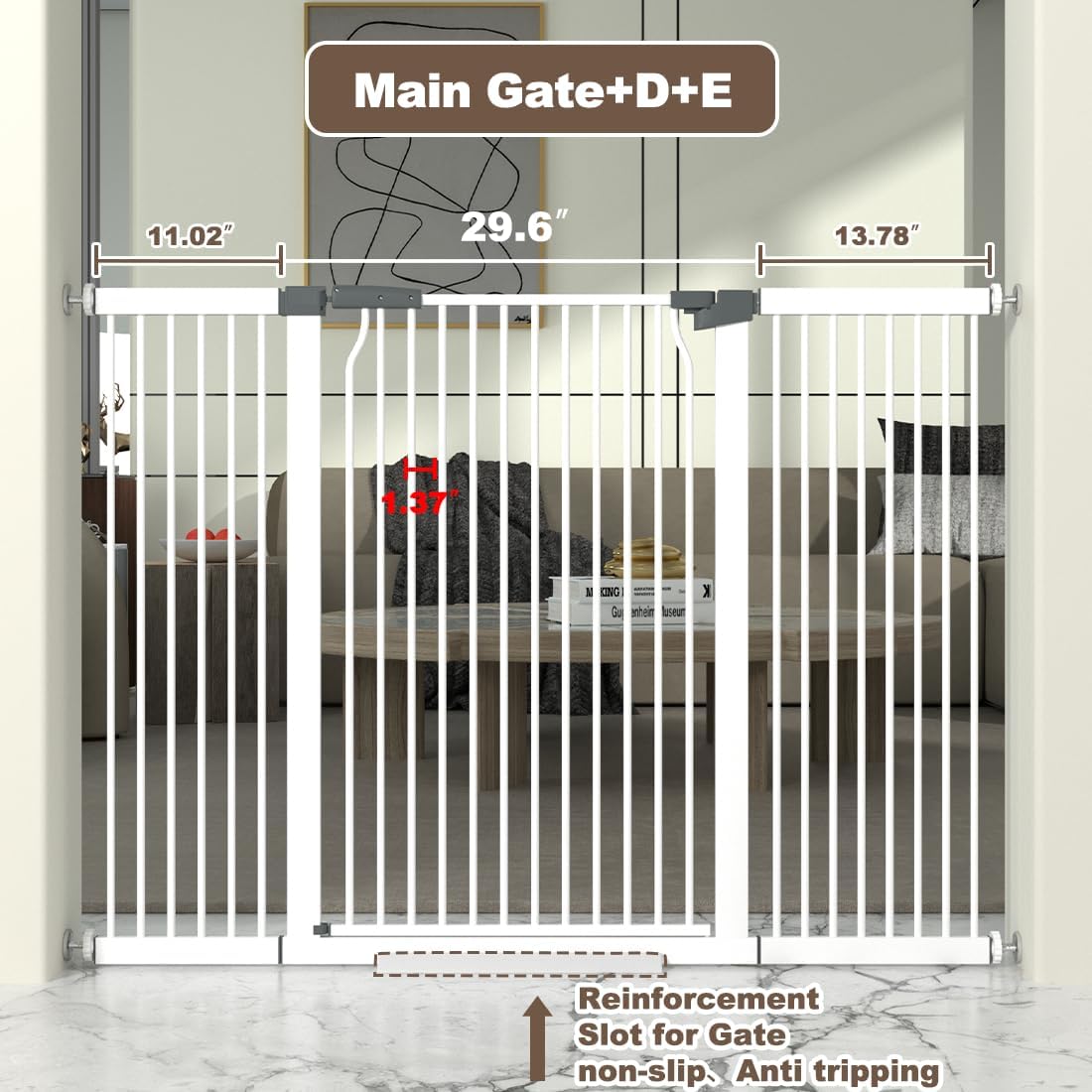 41' Extra Tall Cat Gate for Doorway, 54.8-57.4'' Metal Pet Baby Safe Gate, Extra Wide Pressure Mounted Child Door with Expansion Kit, No Drilling Cat Fence Indoor, No Climb Baby Proof Gate, White