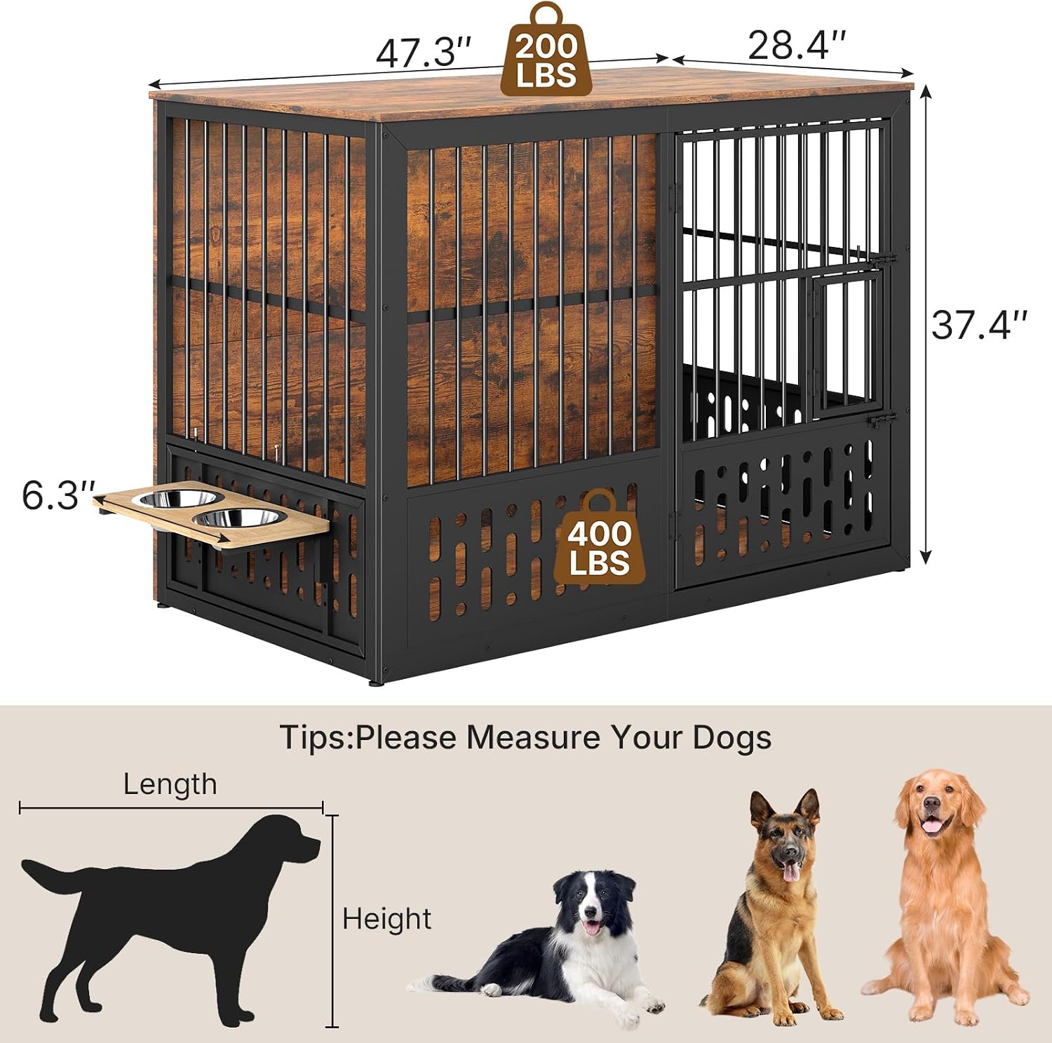 Rovibek 48 Inch Dog Crate Furniture, Wooden Dog Cage Furniture with Window and Adjustable Dogs Bowls 360° Rotatable, Heavy Duty XL Kennel Indoor as End Table, Brown