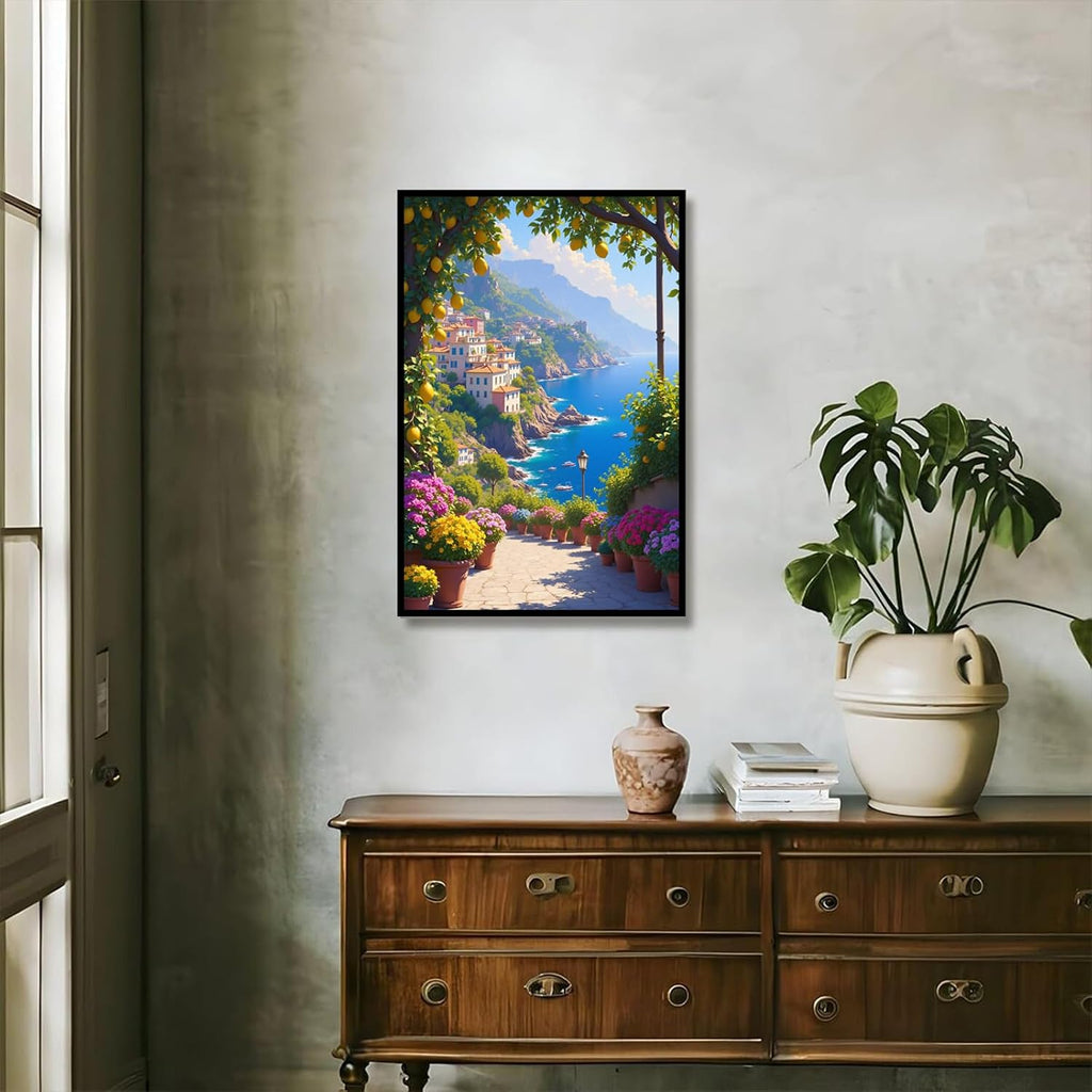 Italian Amalfi Coast Lemon Tree Garden Amalfi Coast Landscape | Metal Framed canvas, for event venues, mediterranean style, temporary venue decor, mediterranean theme styling
