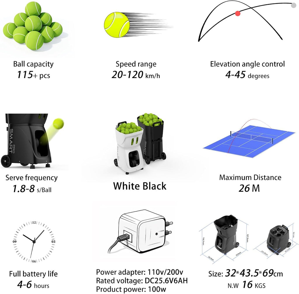 PT-Smart PRO Tennis Ball Machine with Apple Watch/APP/Remote Control, 12 Spin Modes, 110-Ball Capacity, Portable Ball Launcher, 6-Hour Battery for Tennis Training, Beginners & Pros