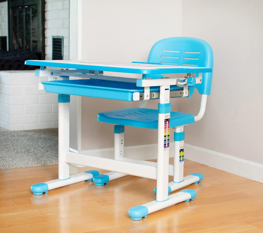 VIVO Height Adjustable Children's Desk and Chair Set, Kids' Multifunctional Interactive Workstation for School Writing Study Play, Tilting Desktop with Pullout Storage Drawer, Blue, DESK-V201B