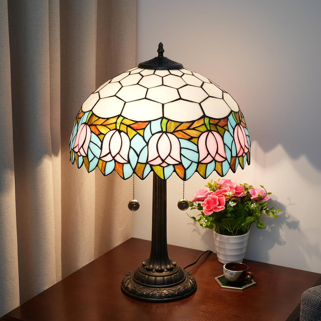 Tiffany Table Lamp 16 inch Pink Tulip Tiffany Style Stained Glass Lamp for Living Room Dining Room Antique Bedside Light Decor for Home Office