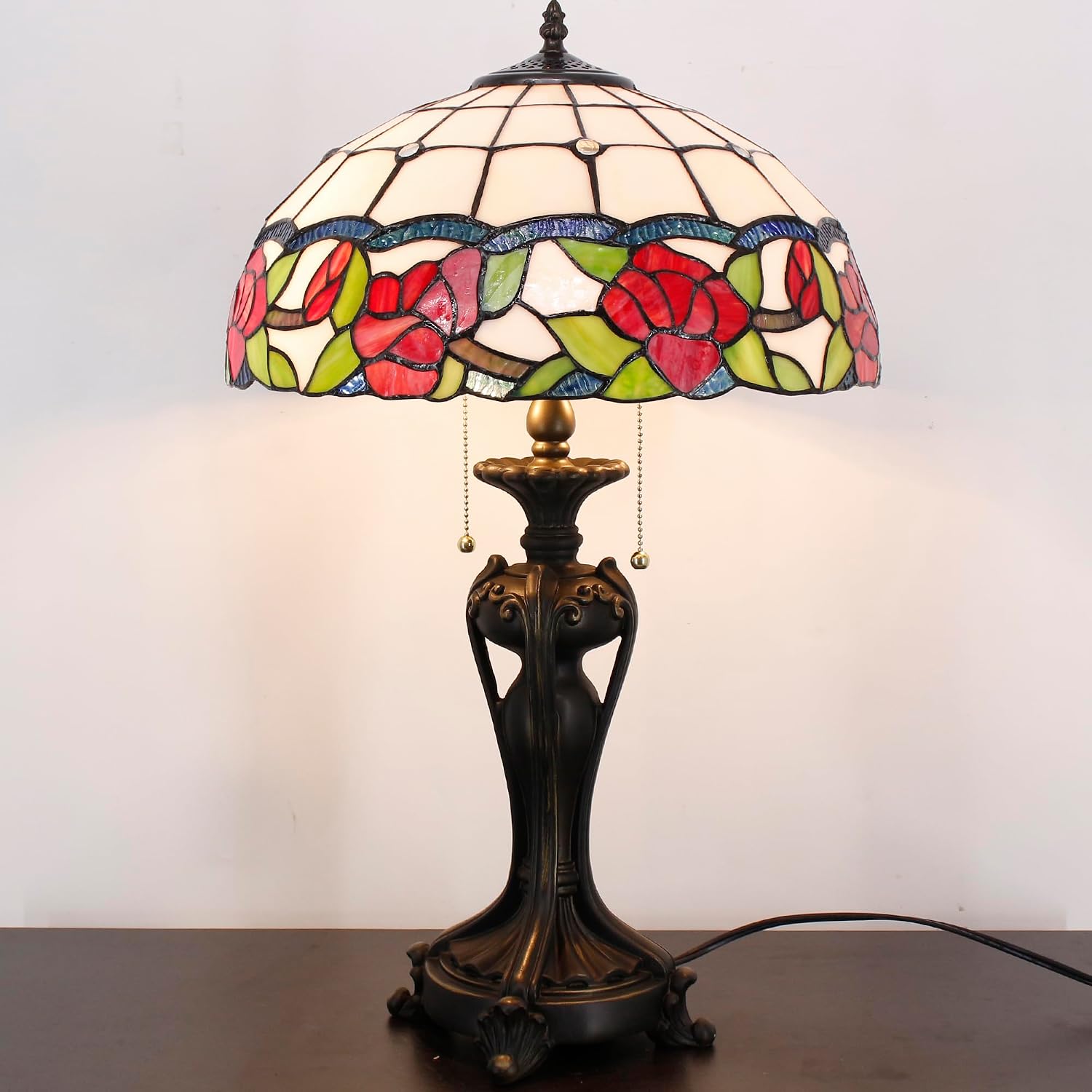 Tiffany Lamp(2 Lights) Stained Glass Table Lamp Bedside Desk Reading Light 16X16X24 Inch Decor Bedroom Living Room Home Office (Red Rose)