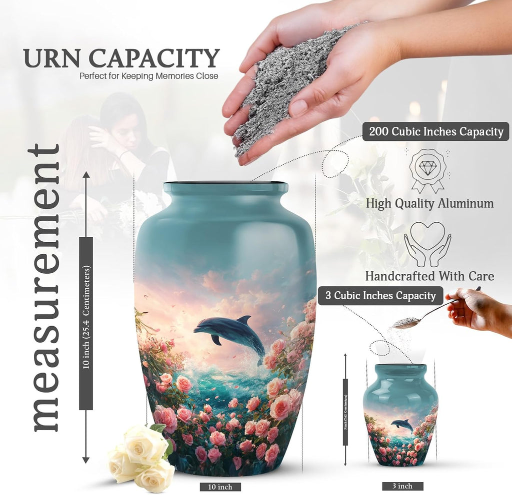 Dolphin Urns for Human Ashes Adult Male - Funeral Cremation Urns for Ashes Adult - Sunset Keepsake Memorial Urn - Blue Decorative Burial Ash Holder for Male & Female, Set of 5-10 Inch, 3 Inch