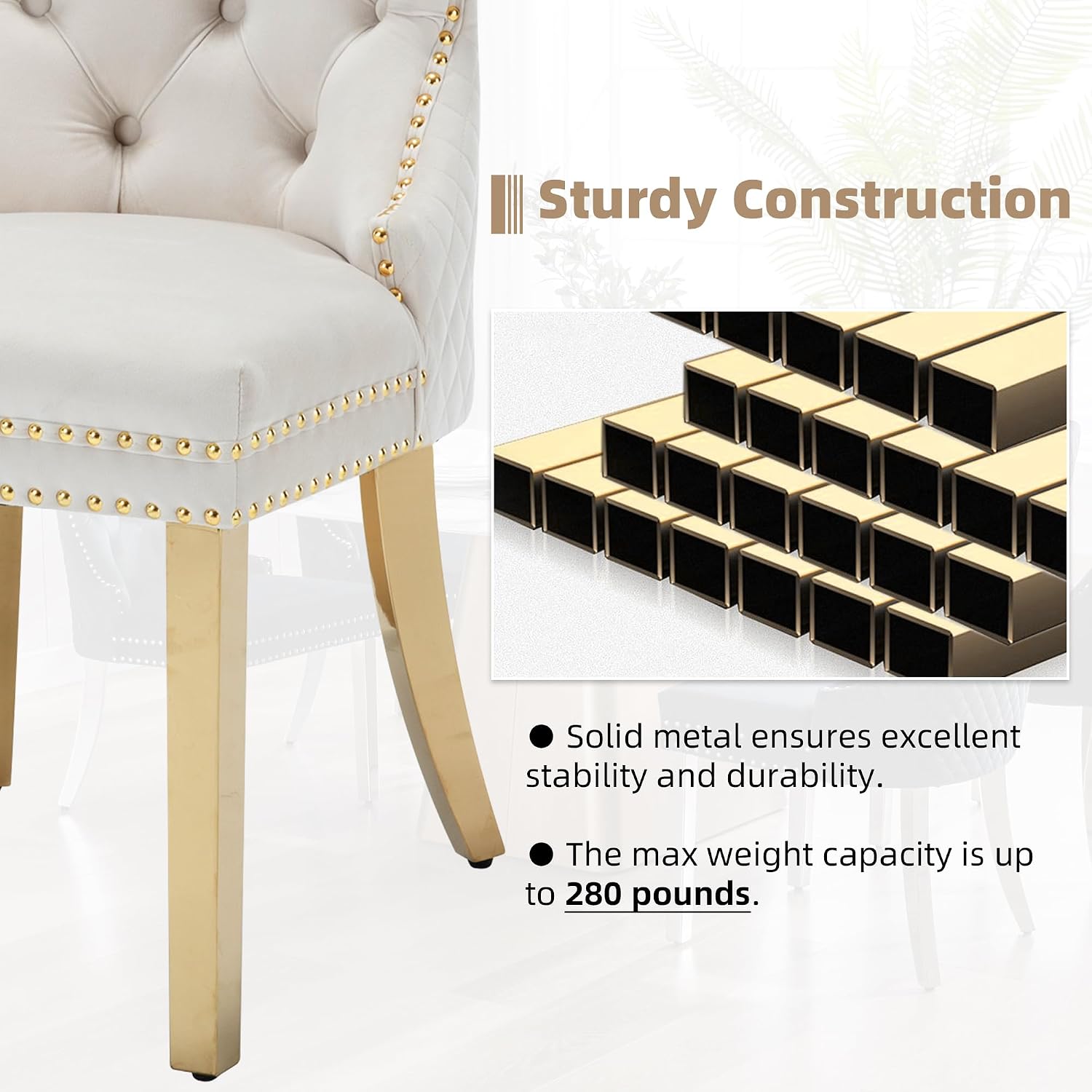 Velvet Dining Chairs Set of 2, Upholstered Dining Room Chairs, Mid-Century Modern Chairs with Diamond Lattice Tufted Back, Lion Pull Ring Rivet Trim, Golden Metal Legs for Kitchen, Beige