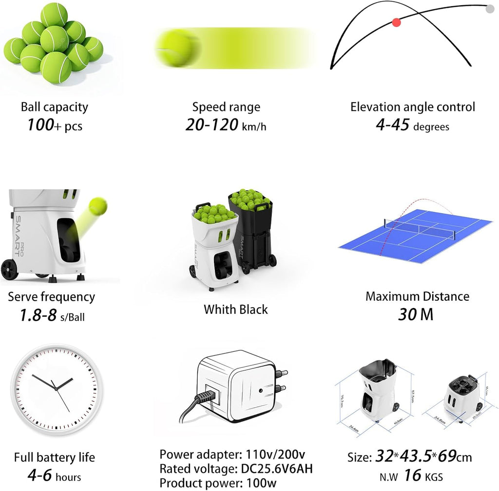 PT-SAMRT PRO-Internal Spin Tennis Ball Machine - Smart App Control - 100+ Ball Capacity - Professional Training Equipment - Realistic Ball Trajectory Simulation - 4-6 Hour Battery Life