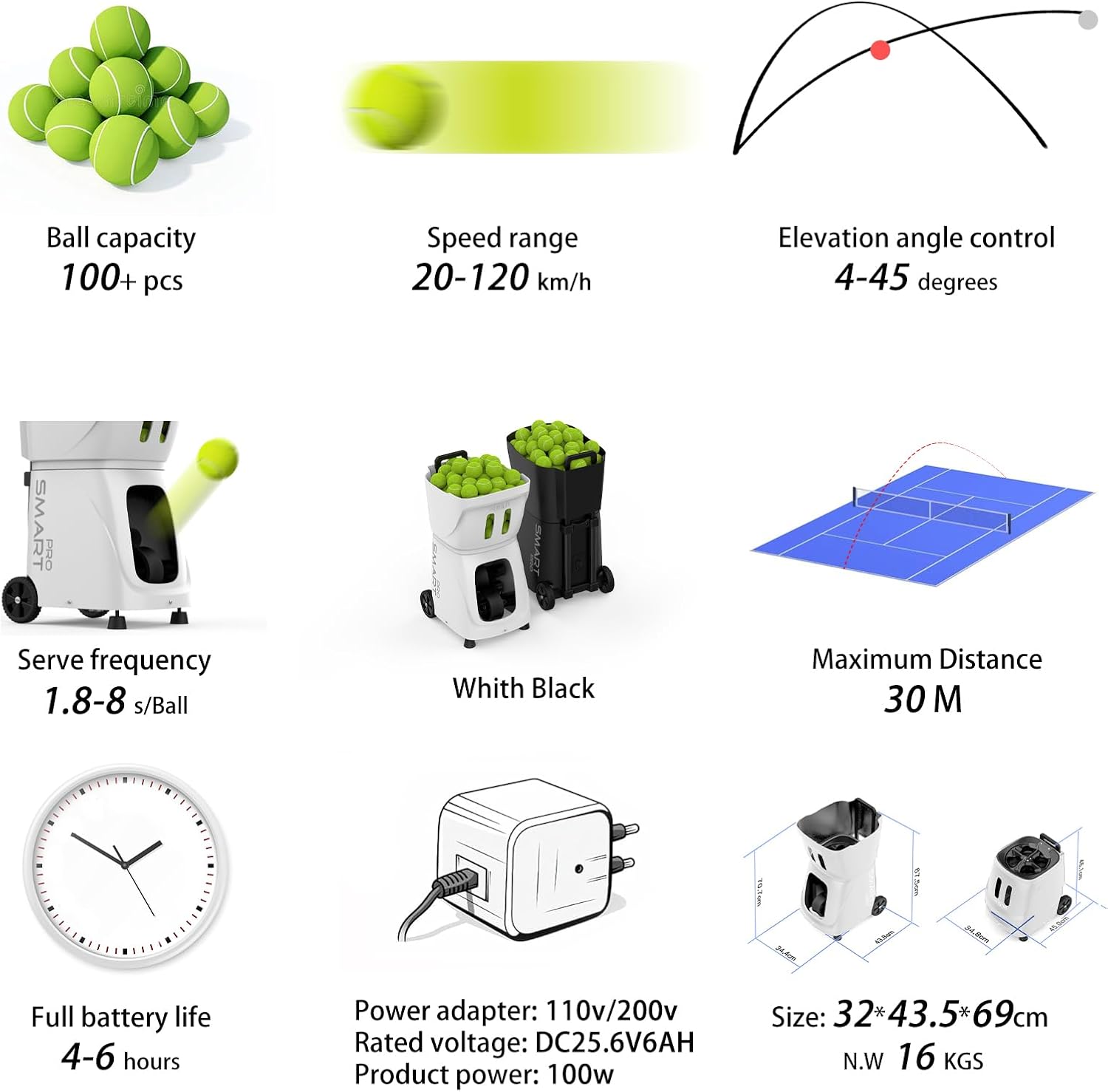 PT-SAMRT PRO-Internal Spin Tennis Ball Machine - Smart App Control - 100+ Ball Capacity - Professional Training Equipment - Realistic Ball Trajectory Simulation - 4-6 Hour Battery Life