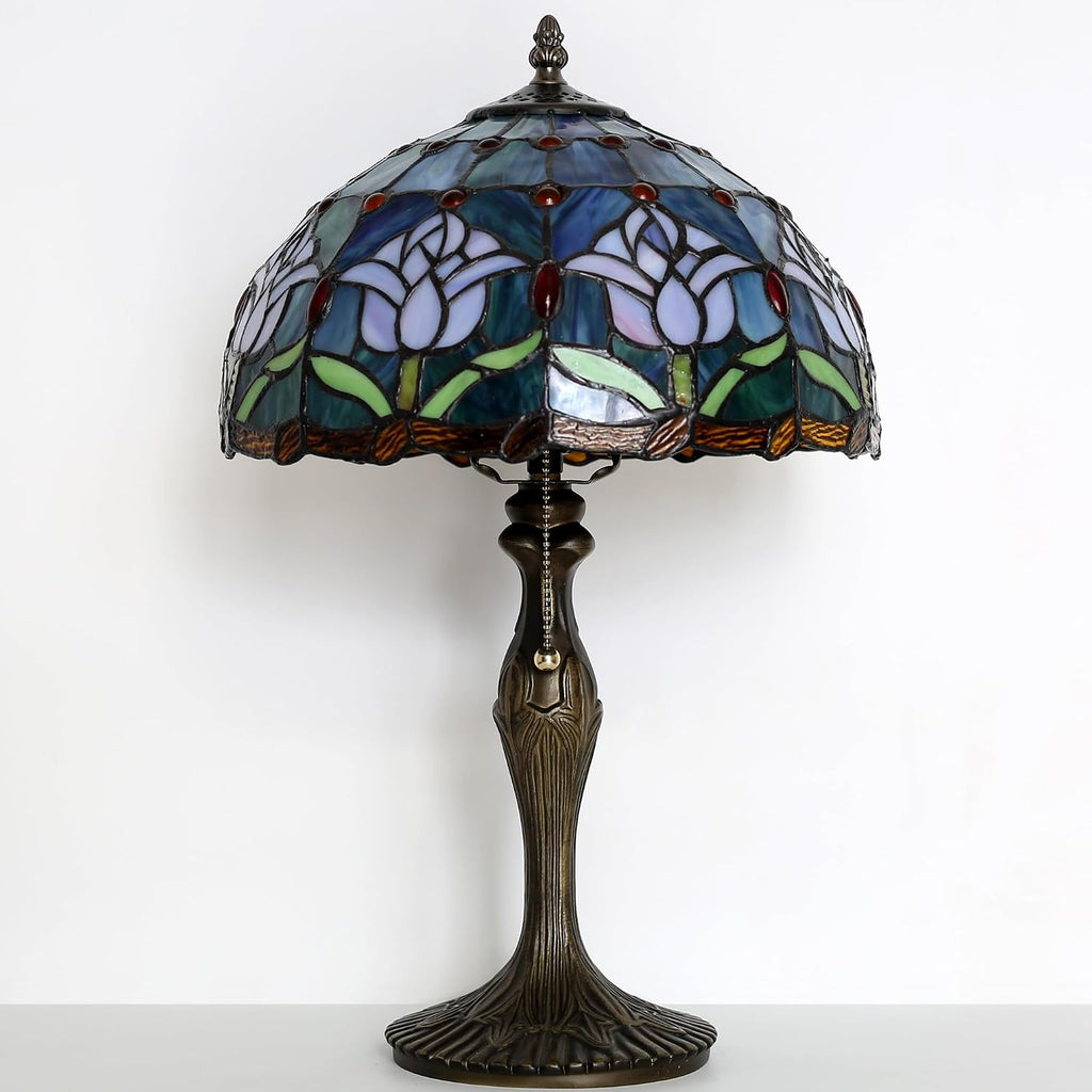 Tiffany Lamp Stained Glass Table Lamp 12' x 19' Pink Tulip Style Decorative Lamp Bedside Reading Lamp for Desk Living Room Bedroom Office Study Light Home Decor Gift