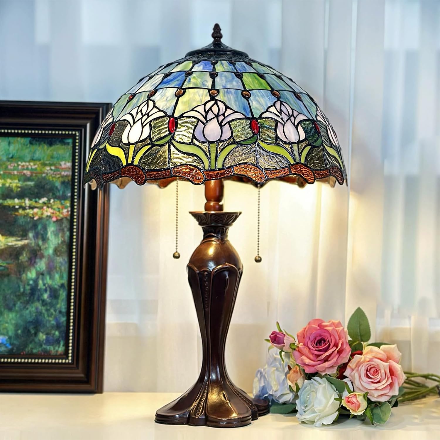 Tiffany Style Tulip Lamp Shade Replacement 16 Inch Wide Victorian Style Stained Glass Blue Pink Lampshade for Table Desk Floor Ceiling Pendant Light Accent Lamp