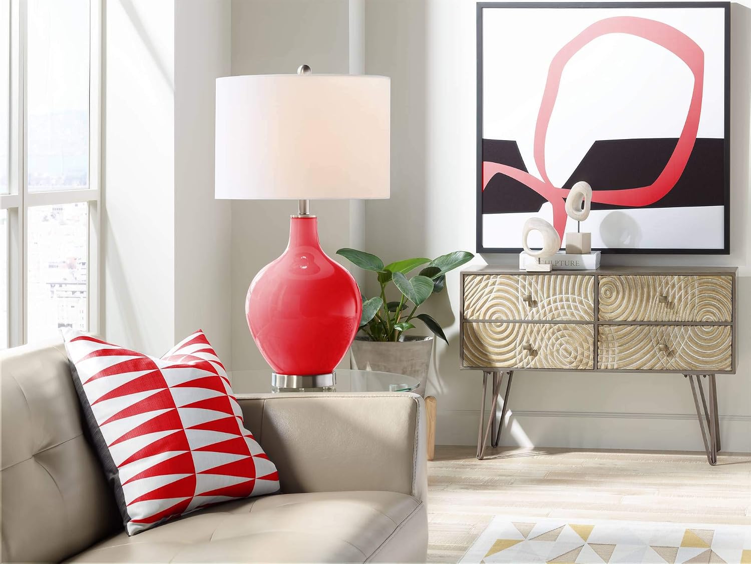 Color + Plus Modern Table Lamp 28.5' Tall Bright Red Glass OVO White Linen Drum Shade for Living Room Family Bedroom Bedside Nightstand