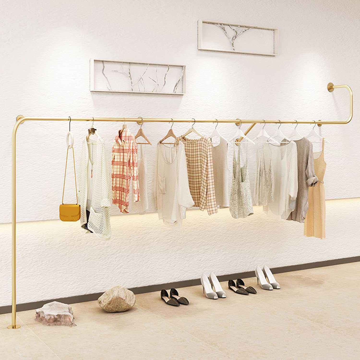 Creative Clothes Display Rack Wall Mounted Storage Clothes Hanging Shelf, Retail Store Garment Rack Organization Clothing Metal Hanging Rod, Heavy Duty Gold(One Color-250CM