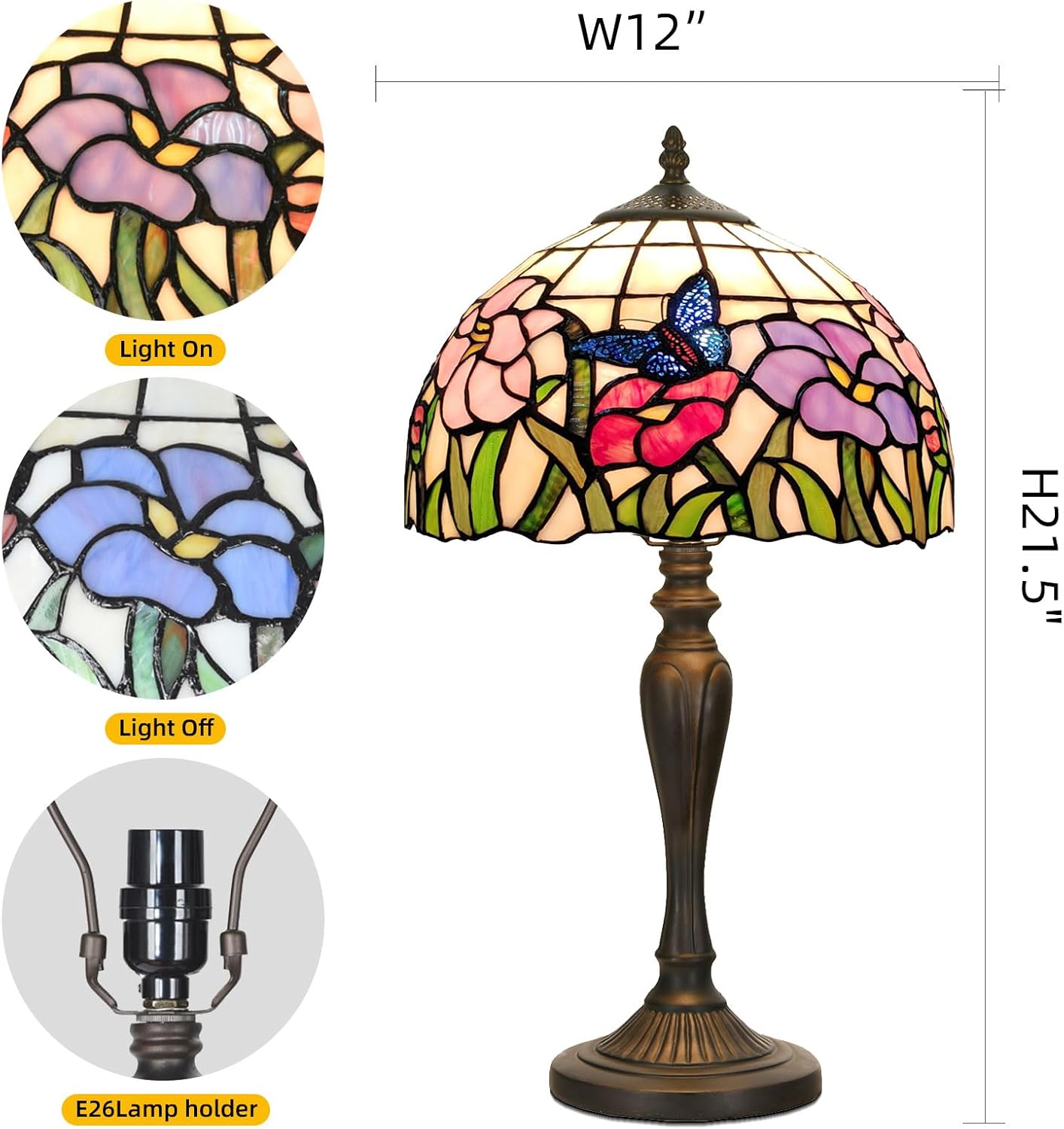 TL0001 Tiffany Table Lamp Handmade Stained Glass Flowers Butterfly Design Lampshade Reading Desk Light 12X21.5 Inches for Bedroom Living Room Home Office,LED Bulb Included