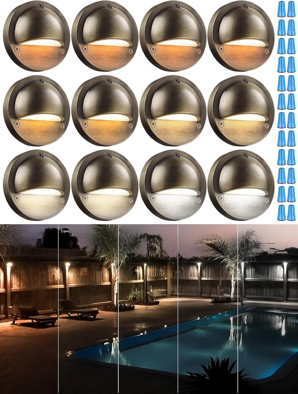 LEONLITE 12-Pack Update 5CCT LED Low Voltage Deck Lights, 180LM 3.74inch Landscape Step Railing Fence Light, 12-24V AC/DC, CRI90, Die-cast Aluminum Housing & Frosted Glass Lens, UL Cord, Bronze
