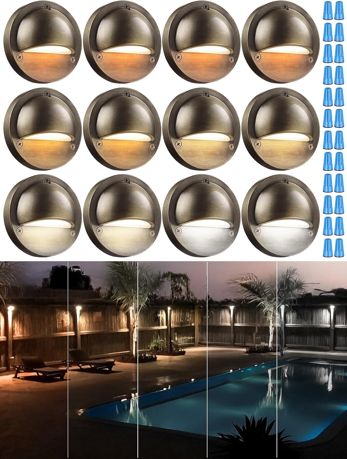 LEONLITE 12-Pack Update 5CCT LED Low Voltage Deck Lights, 180LM 3.74inch Landscape Step Railing Fence Light, 12-24V AC/DC, CRI90, Die-cast Aluminum Housing & Frosted Glass Lens, UL Cord, Bronze