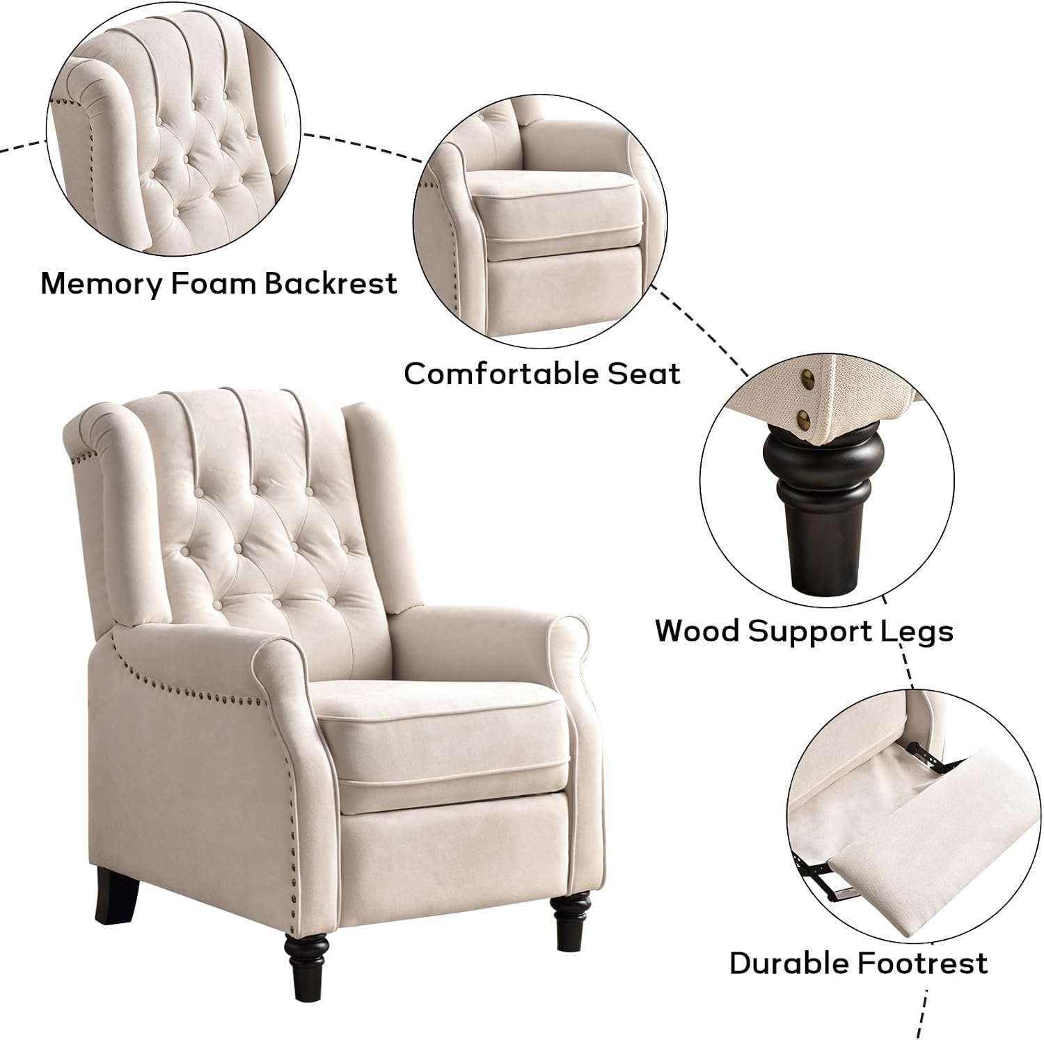 EBELLO 2 Pcs Pushback Recliner Chairs, Fabric Armchair Push Back Recliner with Rivet Decoration, Single Sofa Accent Chair for Living Room, Bedroom,Beige