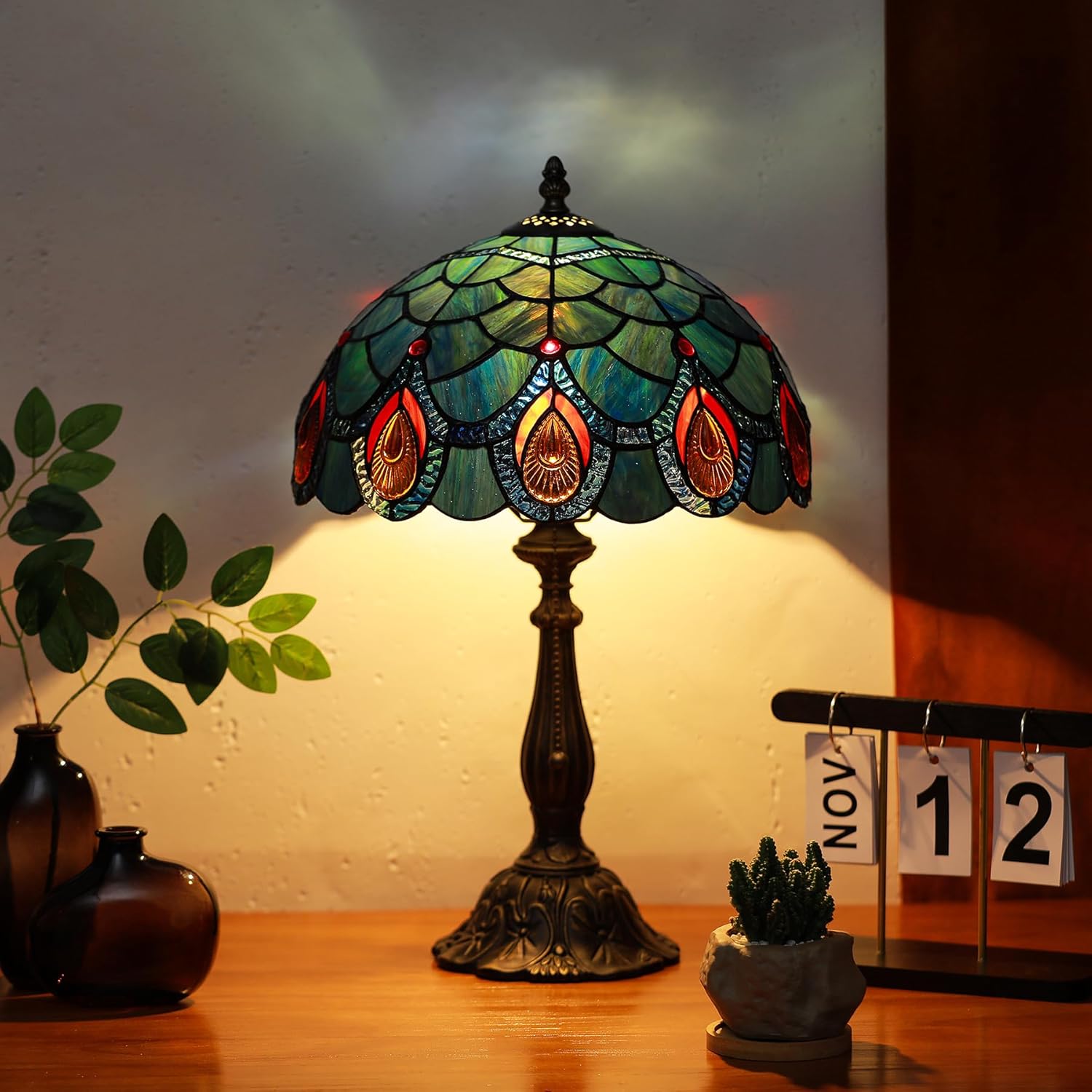 Tiffany Lamps Blue Peacock Tail Style Stained Glass Table Lamp Desk Bedside Reading Light 12X12X18.5 Inches with Bronze Resin Base Applicable to Bedroom Living Room Office