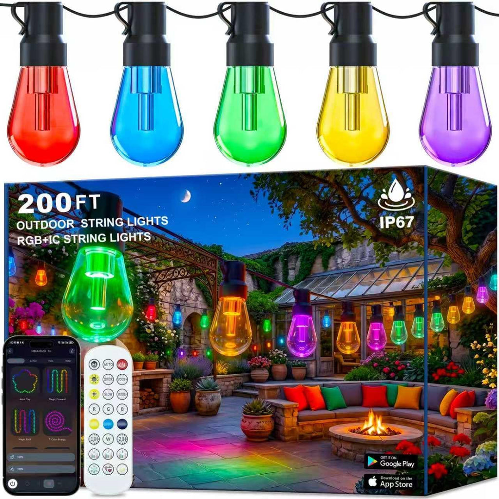 Outdoor String Lights,200FT Smart RGB+IC Patio Lights with Shatterproof LED Bulbs,Outside Light Dimmable Patio for Decor DIY IP67 Waterproof,Courtyard, Garden,Holiday,LED Lights More Scene Modes